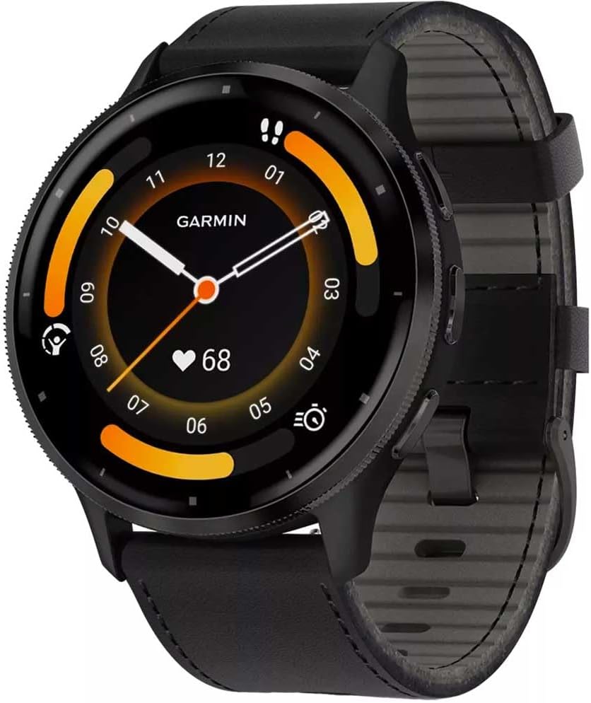 Garmin 010-02784-52 Venu 3 Slate Stainless Steel Bezel Smartwatch with Black Case and Leather Band, Slate/Black