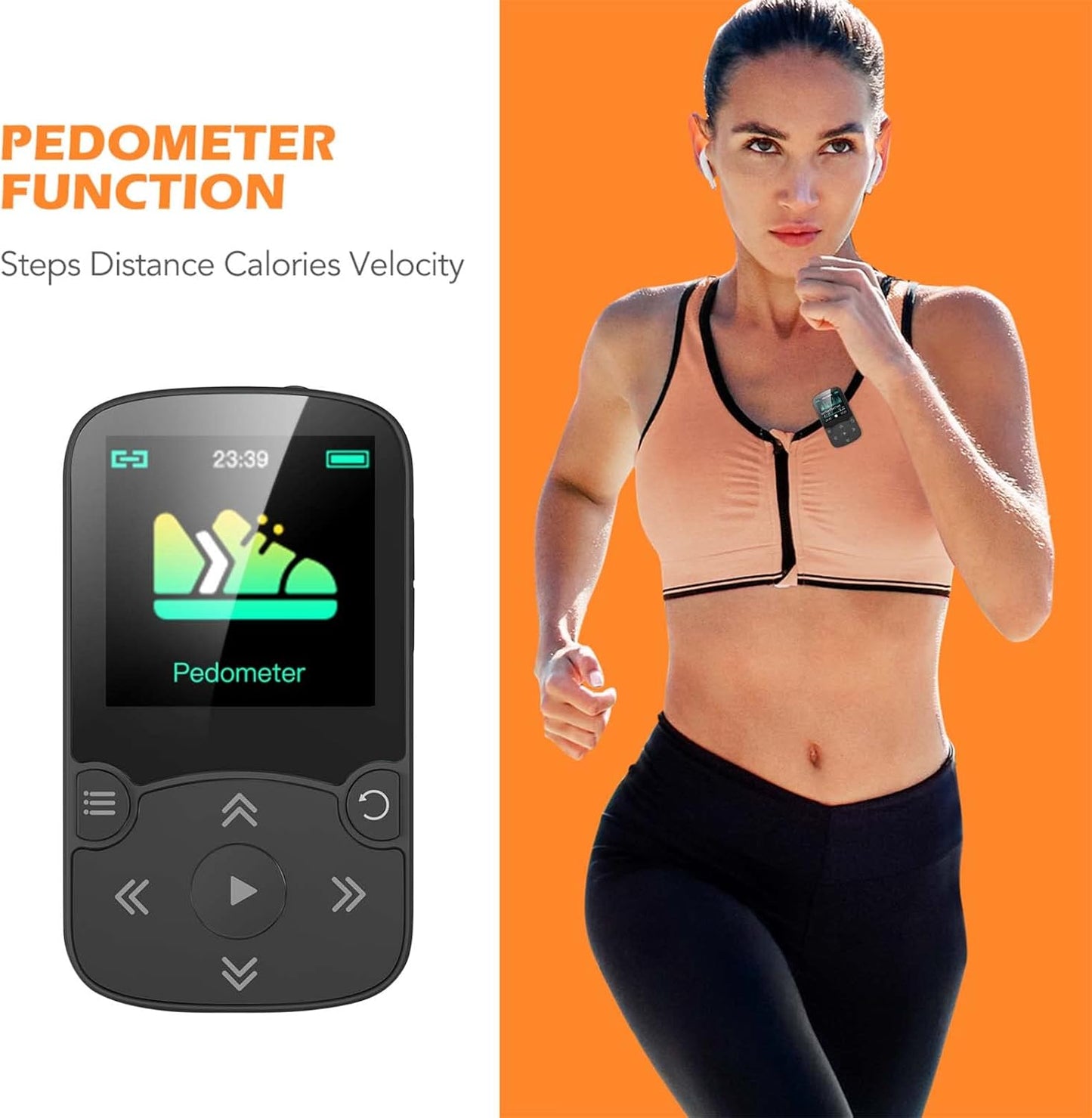 AGPTEK MP3 Player Bluetooth 5.3 Sport 64 GB with 1.5 Inch TFT Colour Screen, Mini Music Player with Clip, Supports up to 128 GB SD Card, Black