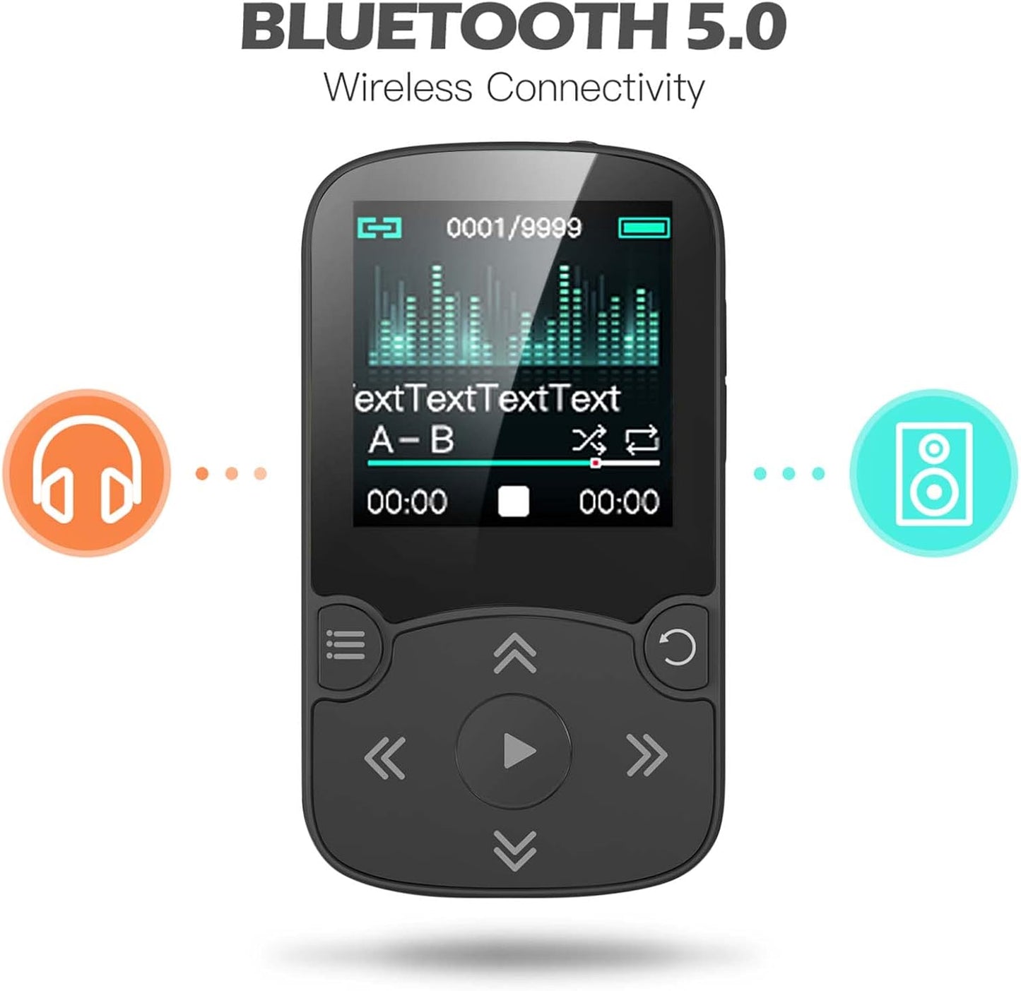 AGPTEK MP3 Player Bluetooth 5.3 Sport 64 GB with 1.5 Inch TFT Colour Screen, Mini Music Player with Clip, Supports up to 128 GB SD Card, Black