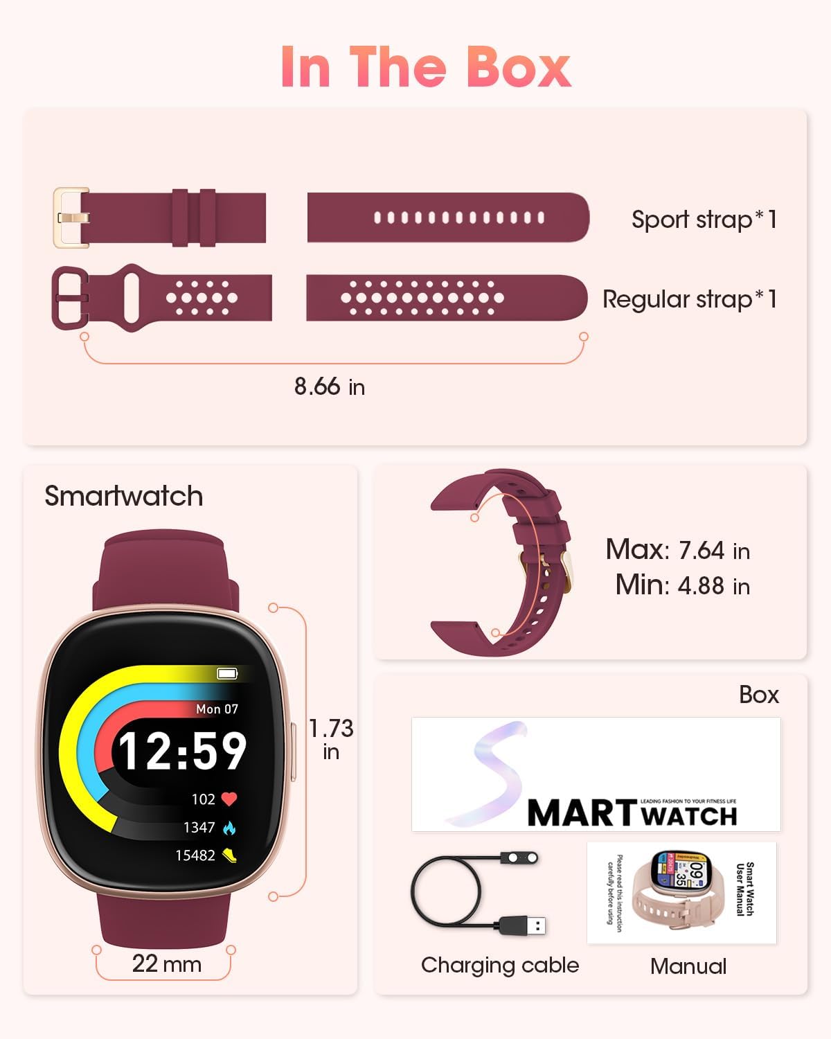 Smart Watches for Men Women Fitness: Fitness Tracker with Blutooth Call 24H Heart Rate SpO2 Sleep Monitor 5ATM Waterproof 120+ Sport Mode Smartwatch Compatible with iPhone Android Phones (Wine Red)