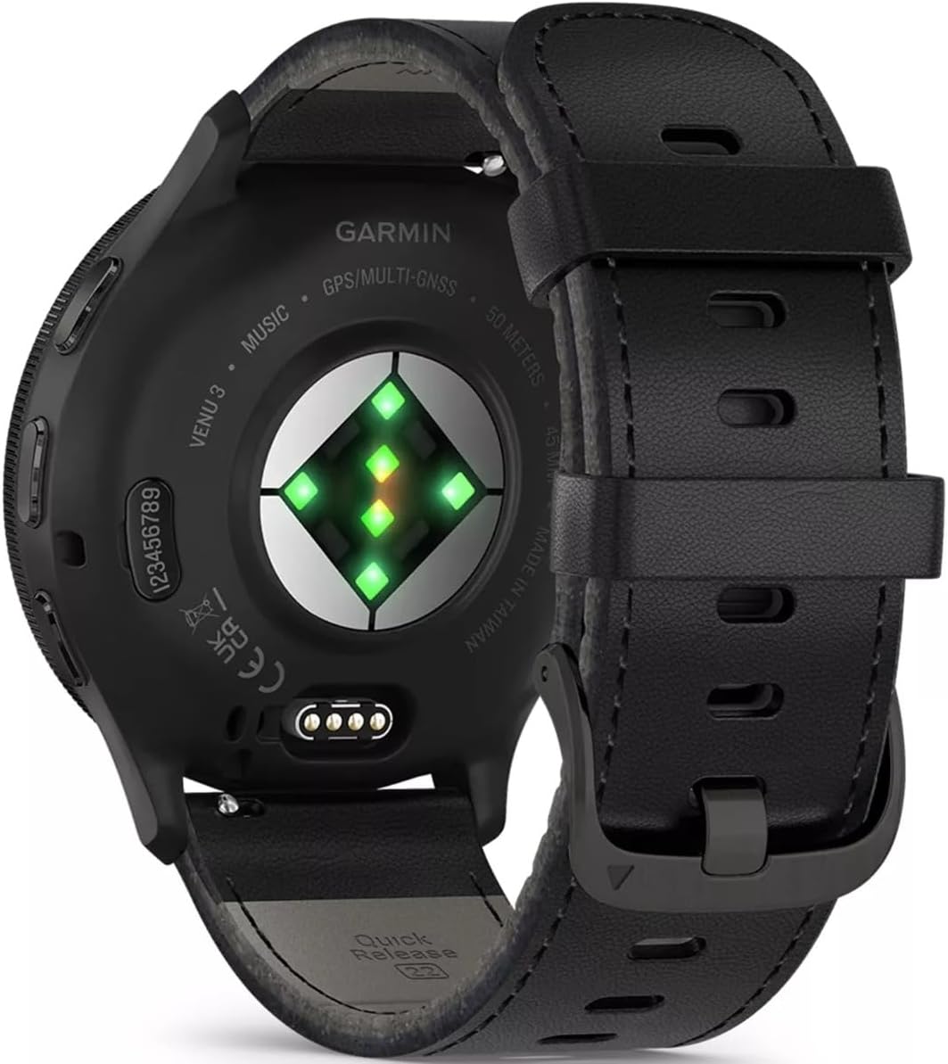 Garmin 010-02784-52 Venu 3 Slate Stainless Steel Bezel Smartwatch with Black Case and Leather Band, Slate/Black