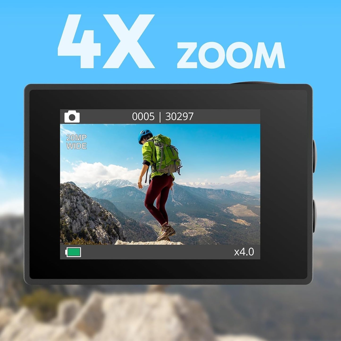 4K 30fps 20MP WiFi Sports Camera - 4k Camera Waterproof up to 30 m with Stabilization, 170° Wide Angle - 2.4G Remote Control - Ultra HD Image Quality for Adventure Enthusiasts