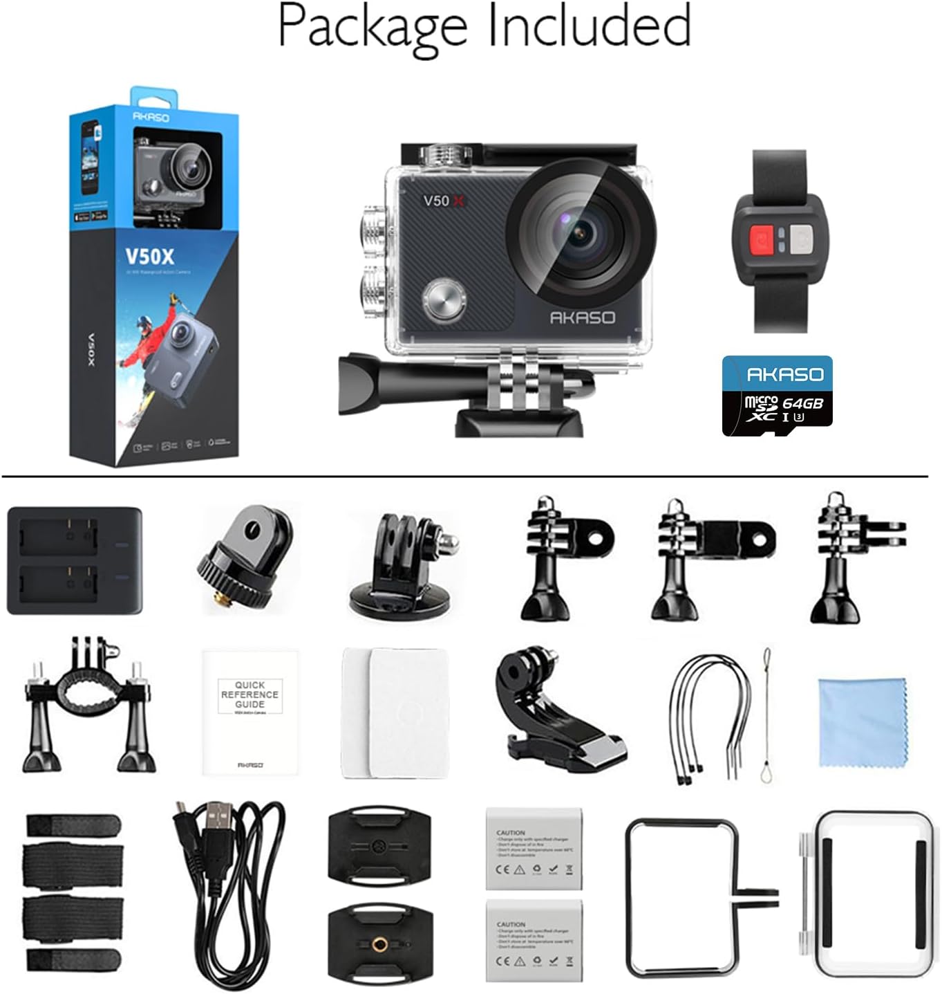 AKASO V50 X Sports Camera 4K with 64GB microSDXC U3 Memory Card Action Camera WiFi 20MP Waterproof Water Camera 40M with Touch Screen Remote Control Multi Accessory