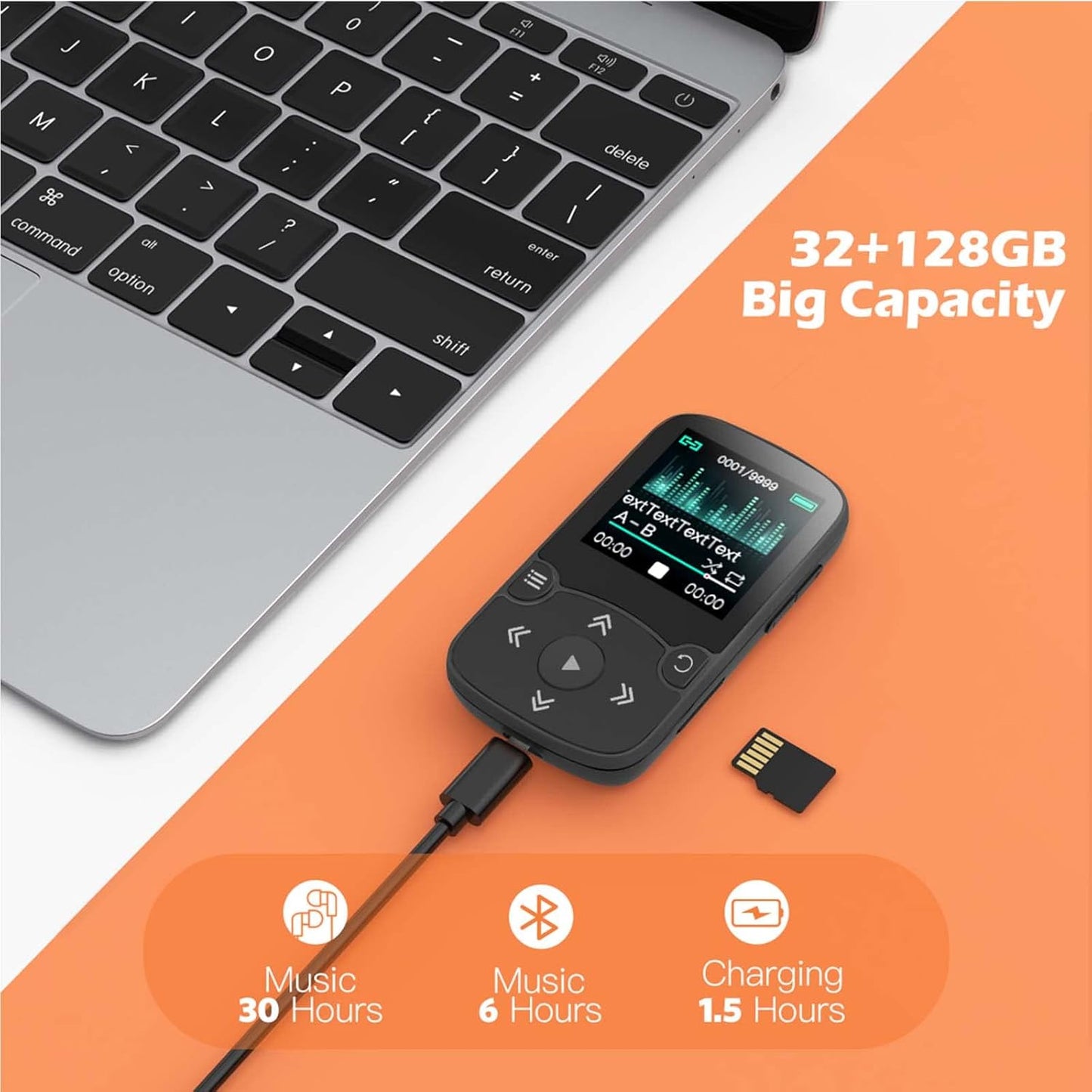 AGPTEK MP3 Player Bluetooth 5.3 Sport 64 GB with 1.5 Inch TFT Colour Screen, Mini Music Player with Clip, Supports up to 128 GB SD Card, Black