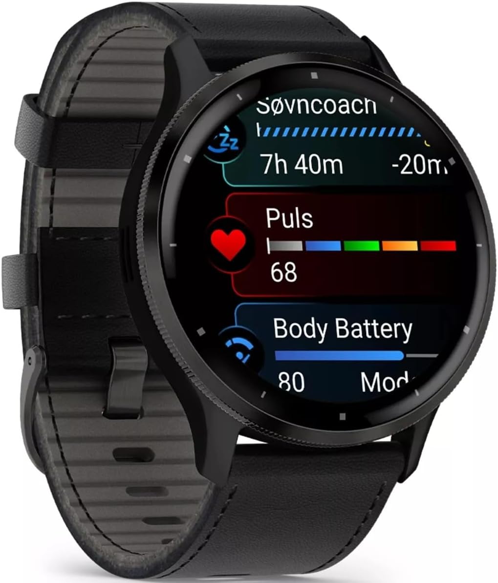 Garmin 010-02784-52 Venu 3 Slate Stainless Steel Bezel Smartwatch with Black Case and Leather Band, Slate/Black