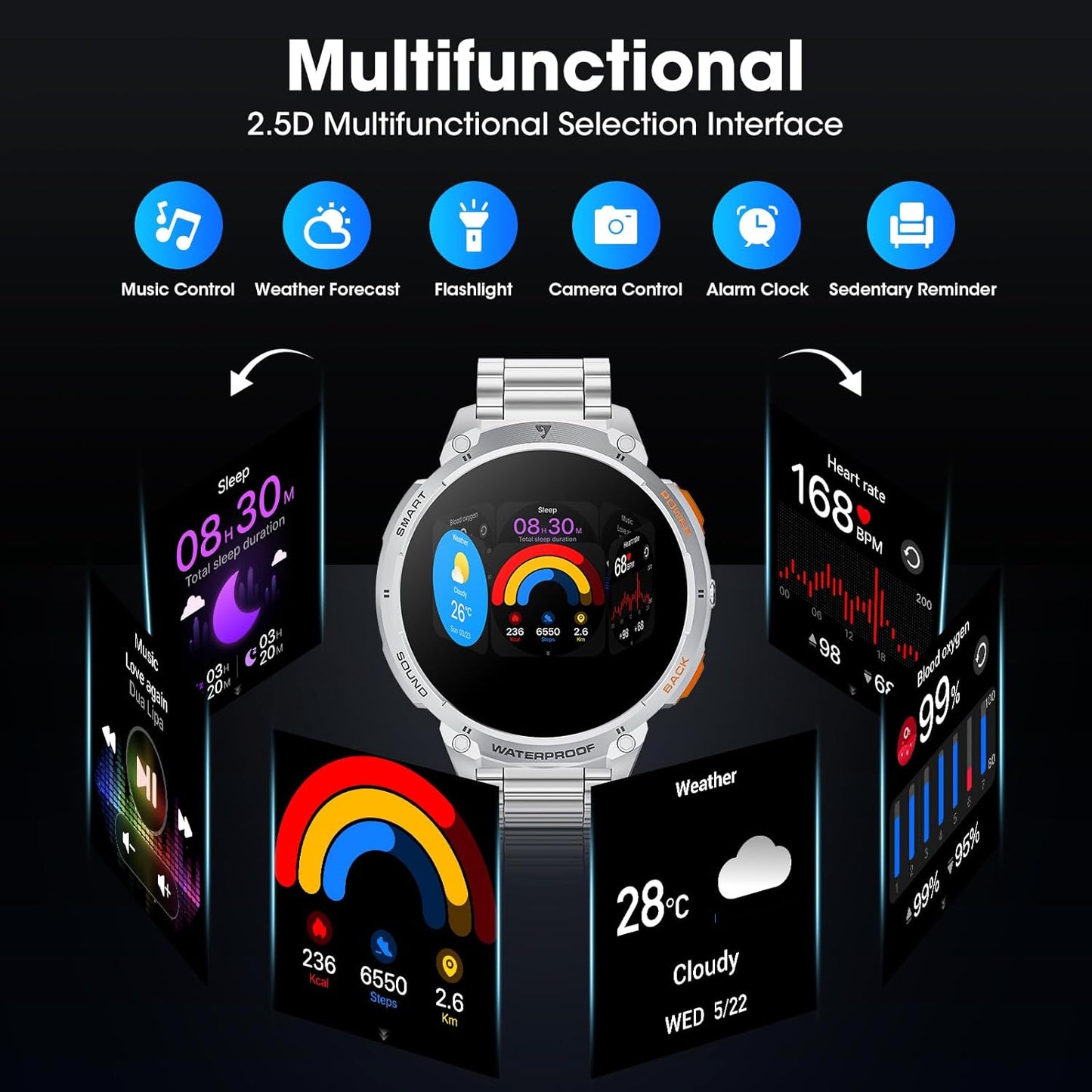 Military Smart Watch for Men 1.85" HD 730mAh Battery Smart Watches with LED Flashlight for Android iOS (Bluetooth Call Answer/Dial Calls) Fitness Tracker with Heart Rate Blood Silver Steel Strip