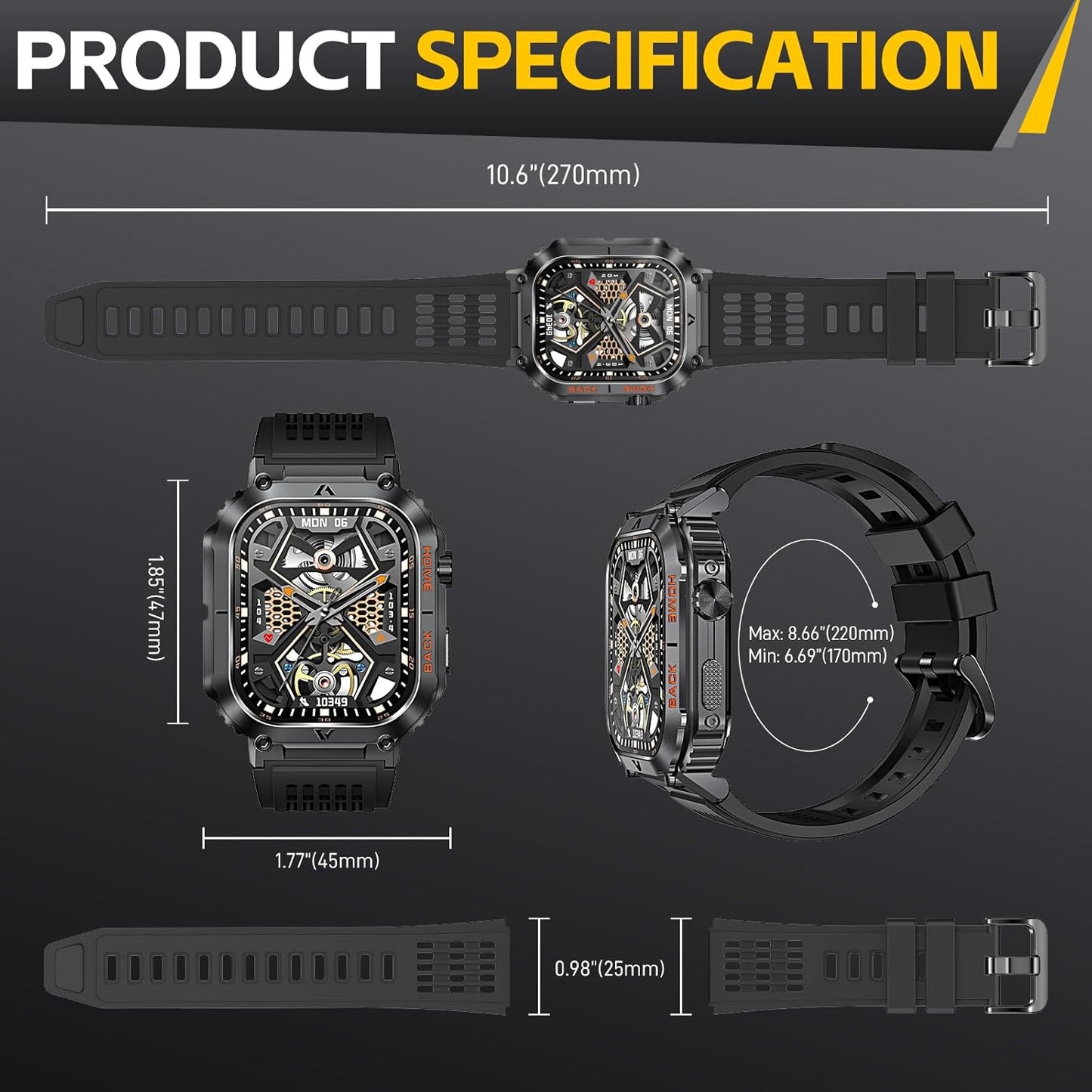 Military Smart Watch for Men 5ATM Waterproof with Call 2.02" Large Screen Rugged Outdoor Tactical Smartwatch with Compass Fitness Watch with Heart Rate Blood Pressure Monitor for iPhone Android Phone