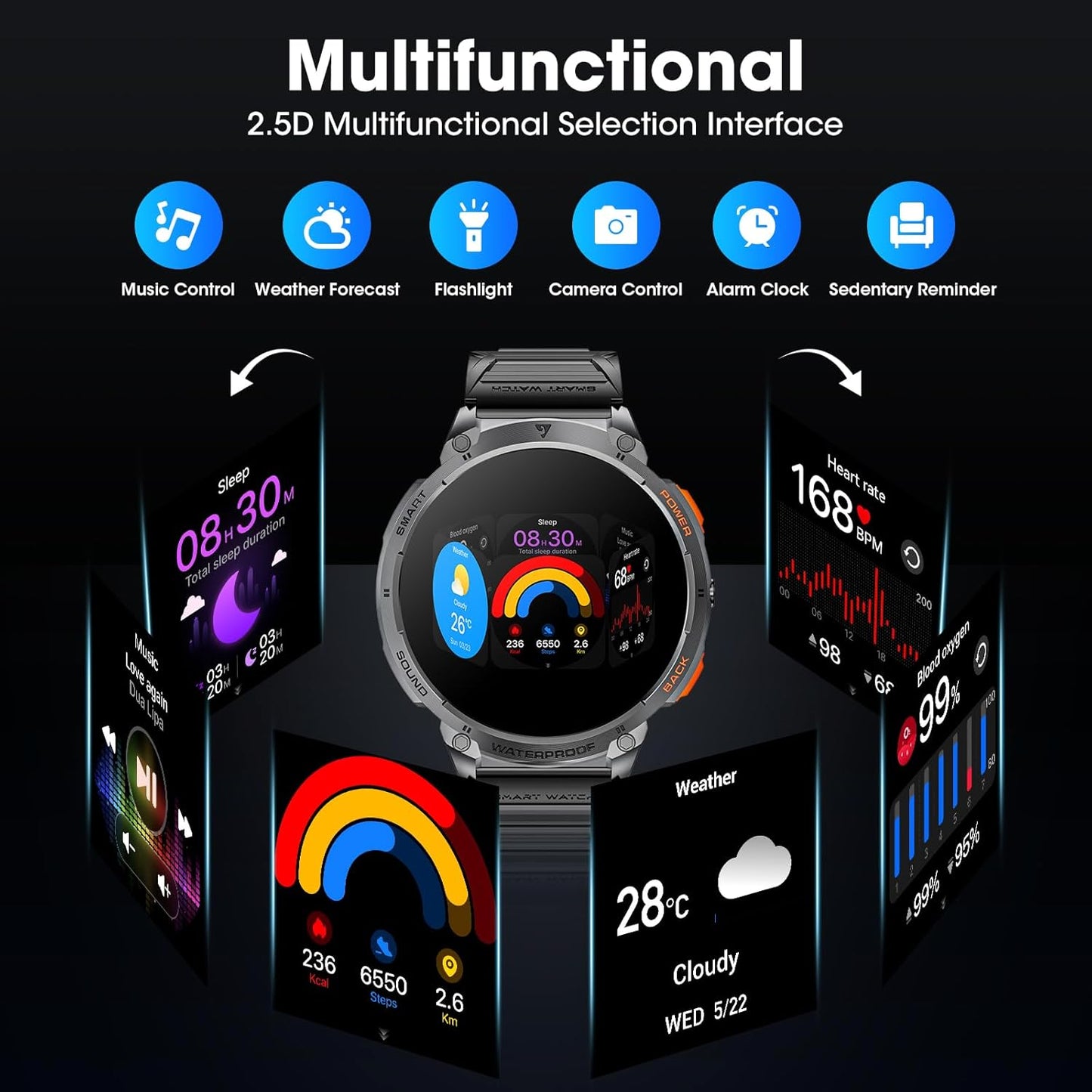 mingwear Military Smart Watch for Men 1.85" HD Touch Screen 730mAh Battery Smart Watches with LED Flashlight for Android iOS (Bluetooth Call Answer/Dial Calls) Fitness Tracker