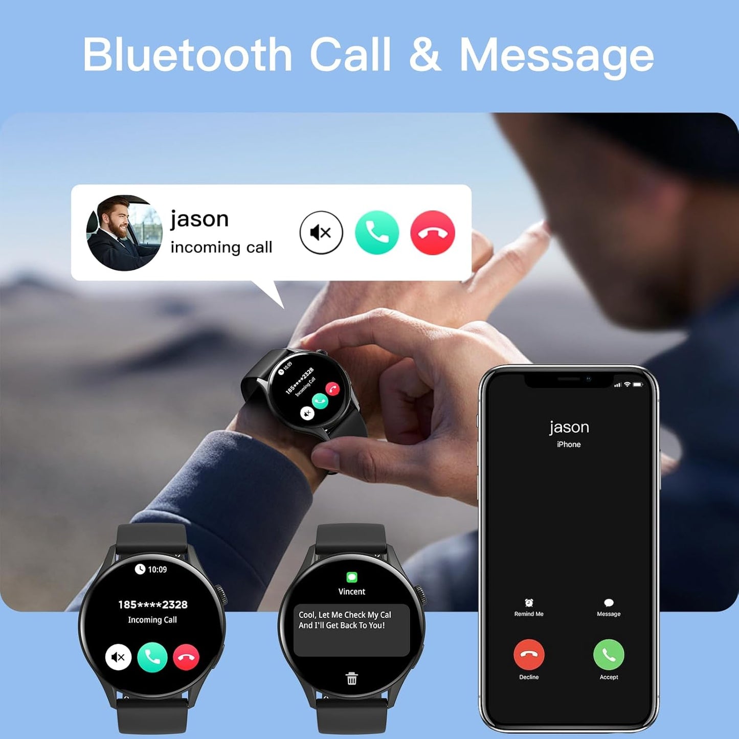 PEJE ZW10-AMD 1.43" Smartwatch -Smart Watches for Men, SpO2/HR/Sleep Monitor, Muslim Prayer Alerts,IP68 Waterproof,120 Sports Modes, Bluetooth Calls Compatible Android iOS,Bring a spare strap (Silver)