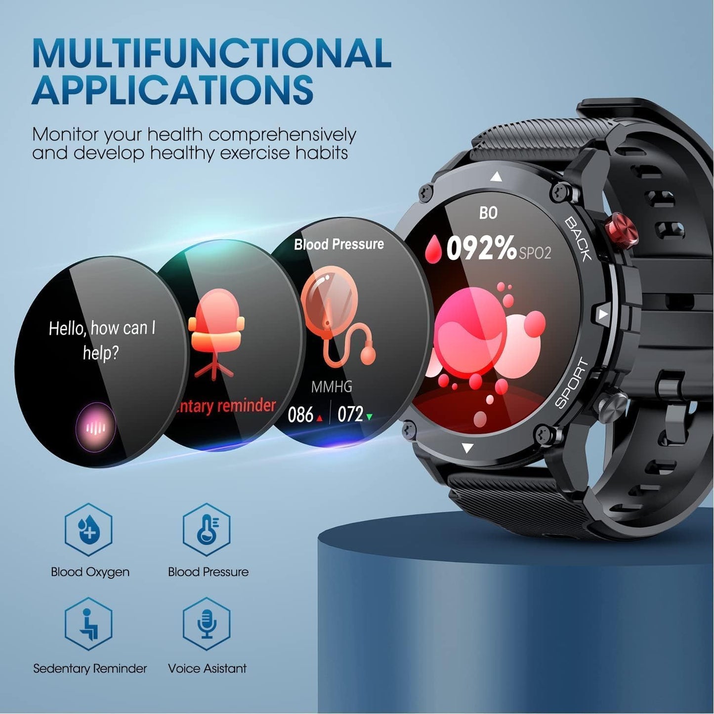 DUREXO Smart Watch for Men Bluetooth Call (Answer/Make Call) Military IP68 Waterproof 1.32'' Tactical Tracker Fitness Watch for Android iOS Outdoor Sports Smartwatch(Black)