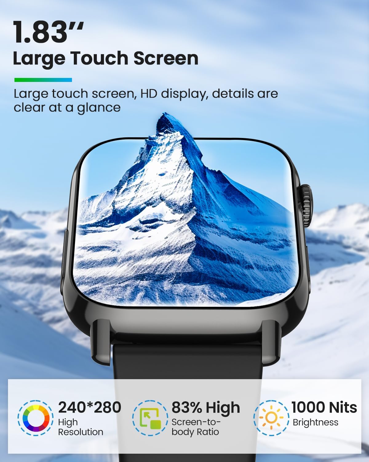 BANLVS Men's Women's Smartwatch with HRV/ECG, 1.83 Inches Smart Watch with Bluetooth Calls, 24H SpO2, Heart Rate Monitor Sleep 145+ Sport IP68 Notifications Messages Android iOS Black