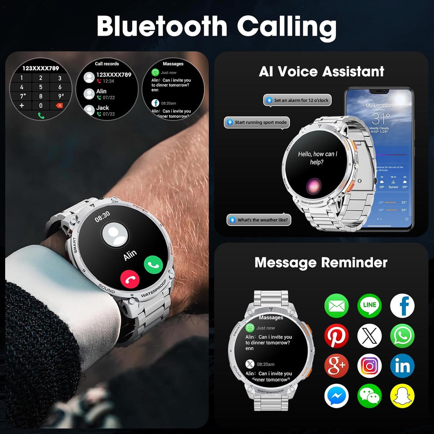 Military Smart Watch for Men 1.85" HD 730mAh Battery Smart Watches with LED Flashlight for Android iOS (Bluetooth Call Answer/Dial Calls) Fitness Tracker with Heart Rate Blood Silver Steel Strip