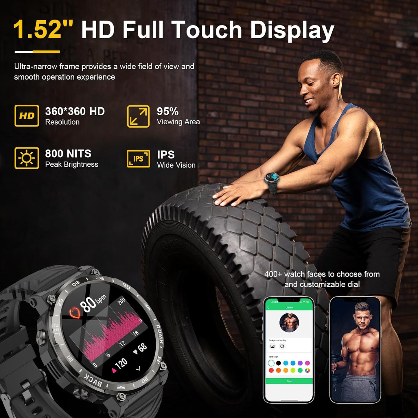 PYRODUM Smart Watches for Men-Bluetooth Call, 1.52" Military Smart Watch for Android iPhone, Waterproof Fitness Watch with Sleep Tracker, 118 Sports Modes, Calorie/Step Count, Rugged Hybrid Smartwatch
