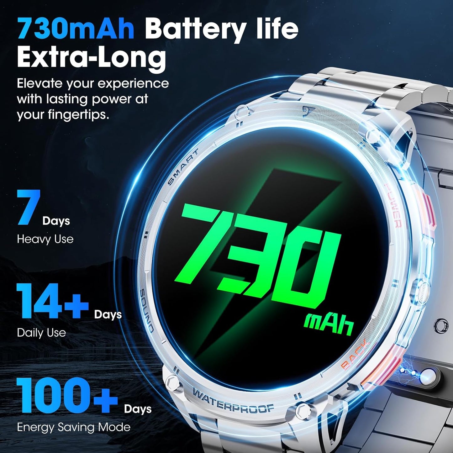Military Smart Watch for Men 1.85" HD 730mAh Battery Smart Watches with LED Flashlight for Android iOS (Bluetooth Call Answer/Dial Calls) Fitness Tracker with Heart Rate Blood Silver Steel Strip
