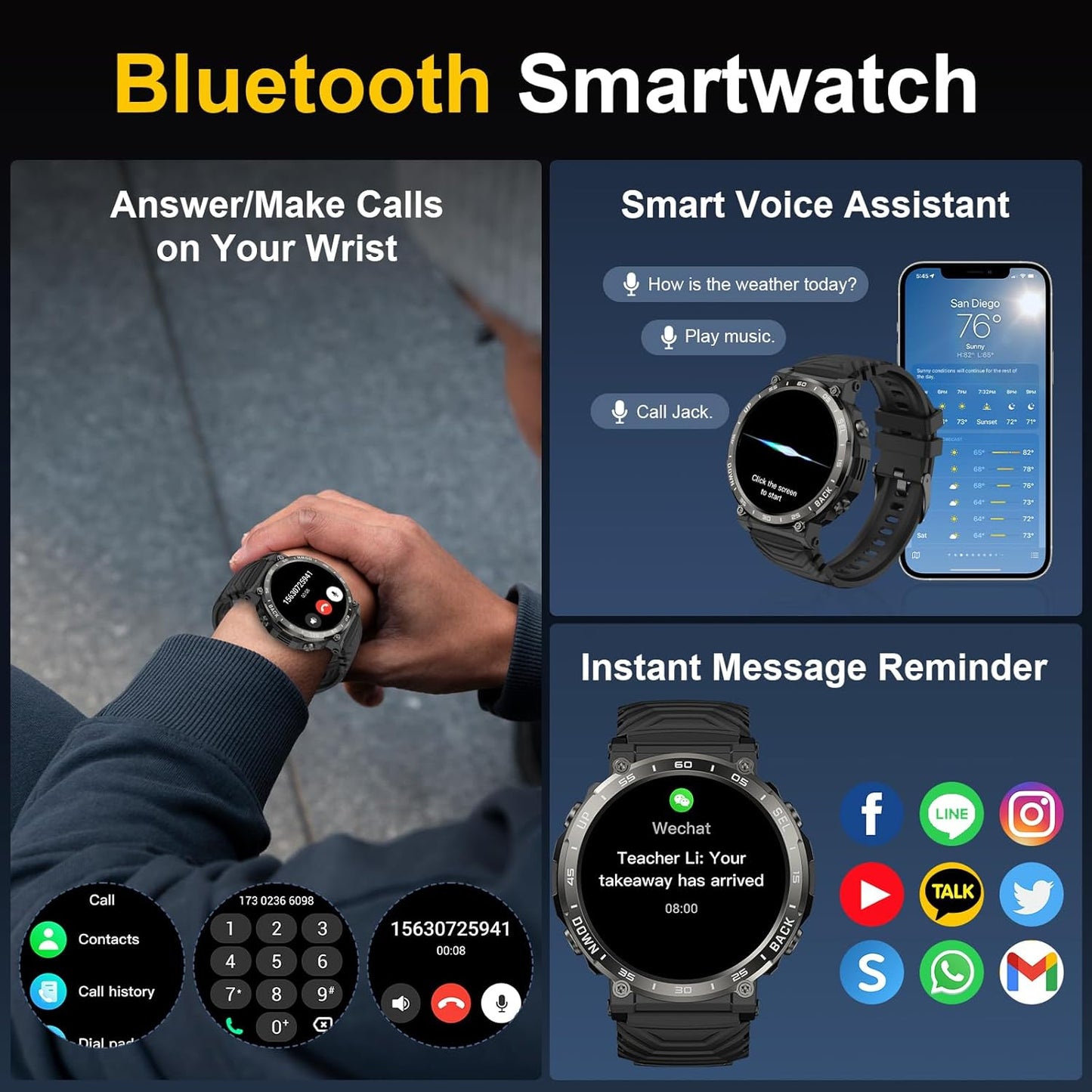 PYRODUM Smart Watches for Men-Bluetooth Call, 1.52" Military Smart Watch for Android iPhone, Waterproof Fitness Watch with Sleep Tracker, 118 Sports Modes, Calorie/Step Count, Rugged Hybrid Smartwatch