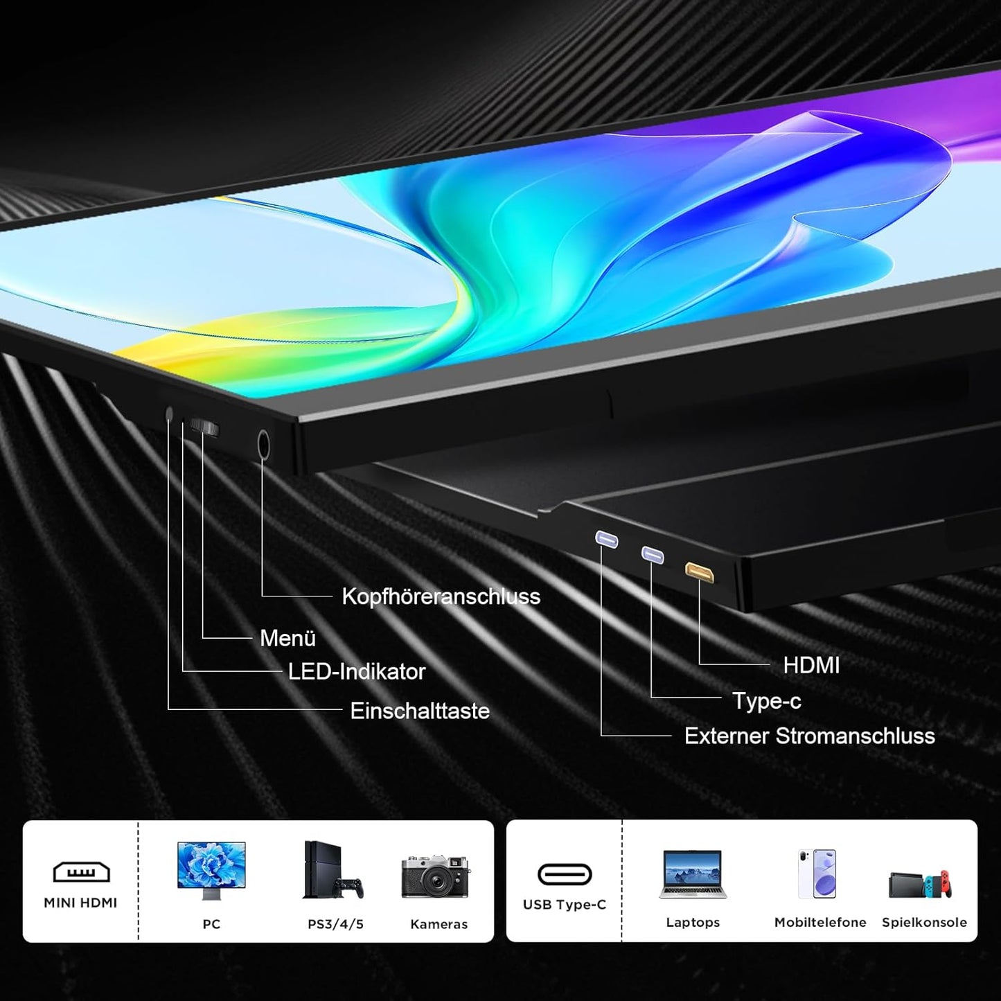 15.6 Inch Portable Monitor, 1080P FHD Portable Monitor with Protective Case, Portable Mobile IPS Screen, Ultra Thin Second Screen for Laptop/PC/Mac/PS4/Xbox USB-C & HDMI Connection