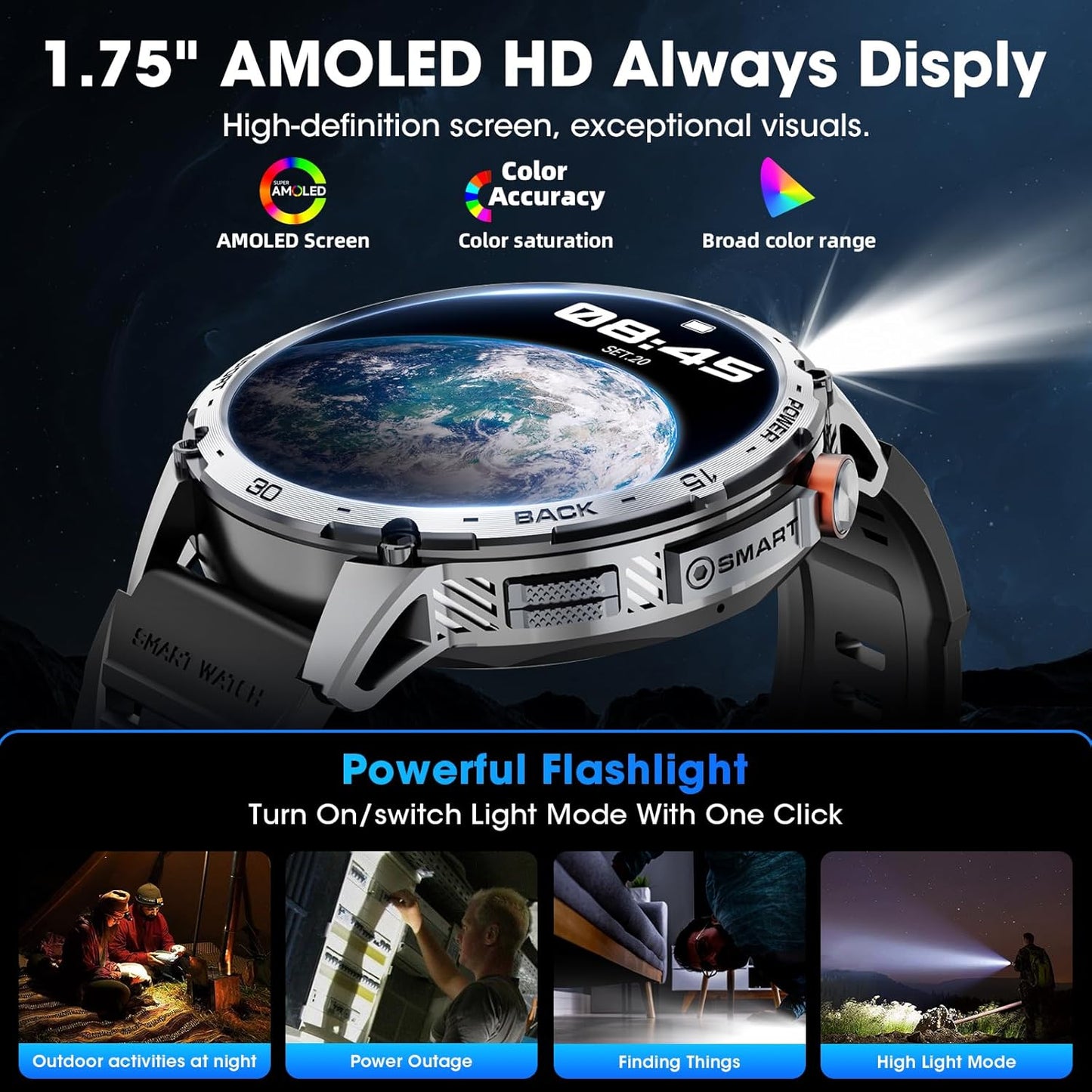 Military Smart Watch for Men 1.75" HD AMOLED Display 730mAh Battery Smart Watches with LED Flashlight for Android iOS(Bluetooth Call Answer/Dial Calls) Fitness Tracker with Heart Rate