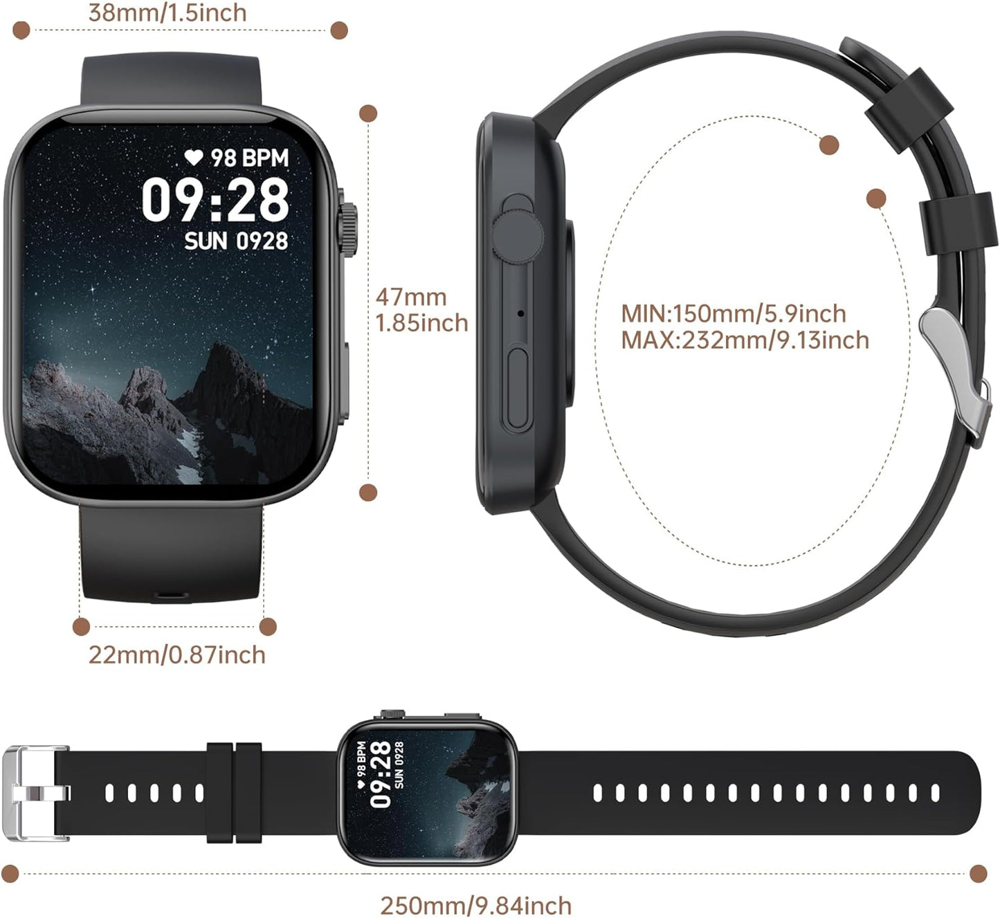 BRIBEJAT Smart Watch for Men Women Compatible iPhone Samsung Android, Voice Assistant & Answer/Make Call, 2.01'' Large Screen IP68 Waterproof, 110+ Sports, Spo2/Heart Rate/Sleep Monitor, Black