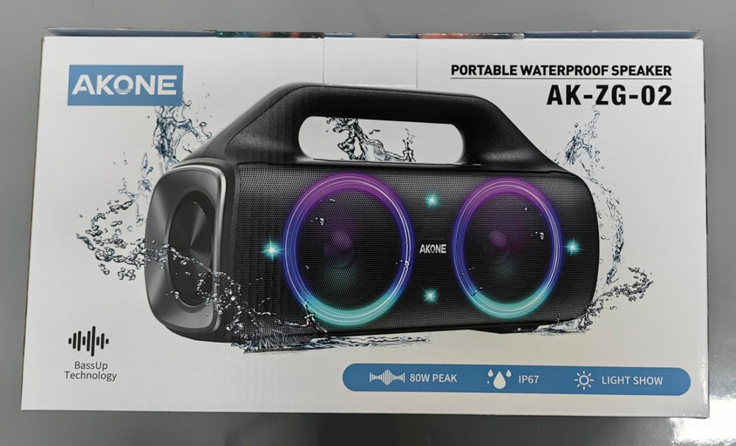 AKONE Portable Bluetooth Speaker, 80W Peak Wireless Outdoor Speaker with LED Light, Deep Bass, 20 Hour Playtime, IP67 Waterproof Bluetooth Speaker, Loud Party Speakers for Camping, Beach, Garage