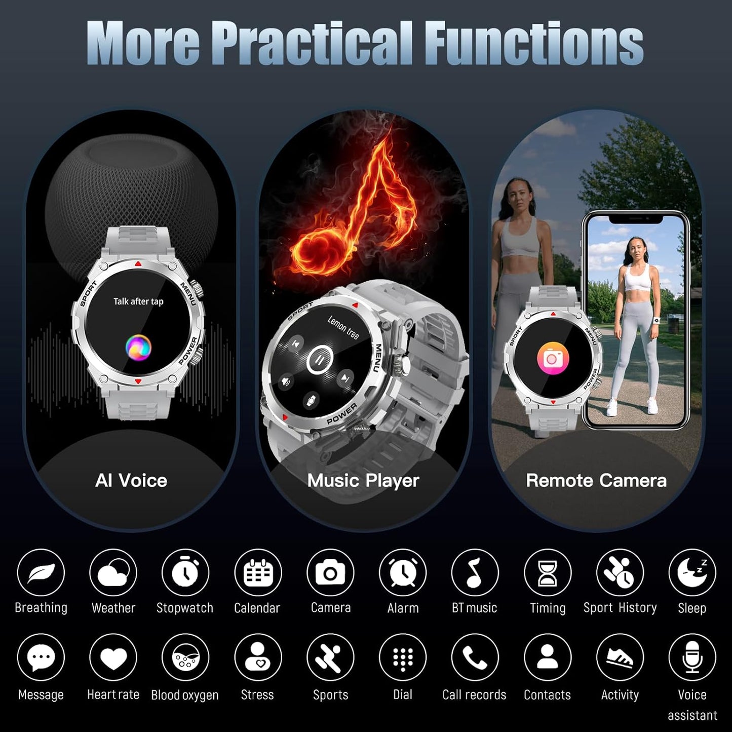 Military Smart Watch, 1.52-Inch Touch Screen Tactical Smartwatch with Text and Call, Heart Rate, Blood Oxygen, and Activity Trackers - Compatible with iPhone and Android, for Men and Women(Grey)