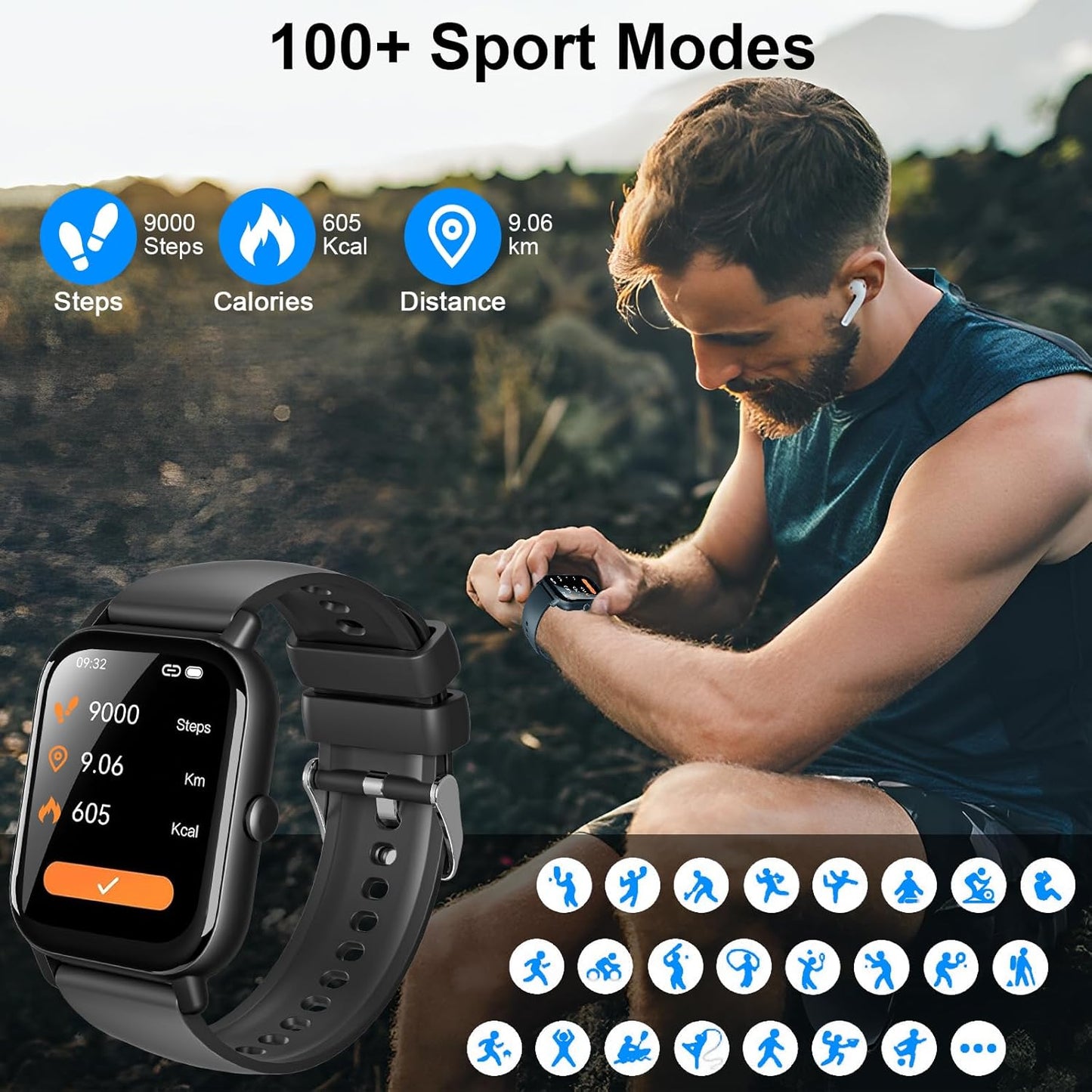 Garlo Smart Watch for Men Women, 1.85" Fitness Tracker, Heart Rate/Sleep Monitor/Pedometer, TFT HD Bluetooth, Multiple Sports Gym Modes, Waterproof Women Men Fitness Watch for Android iPhone (Black)