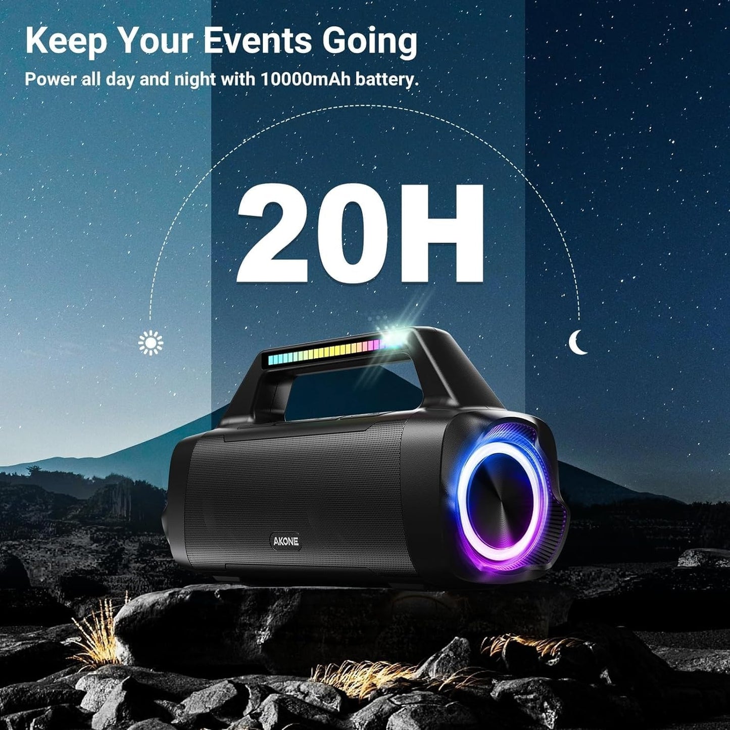 AKONE Bluetooth Speaker, 80 W Peak Music Box, Bluetooth Large Bass Boost with LED Light, Rolling Stereo Sound Box, 20 Hours Battery, IP67 Outdoor Speaker, Boombox for Parties, Beach, Camping
