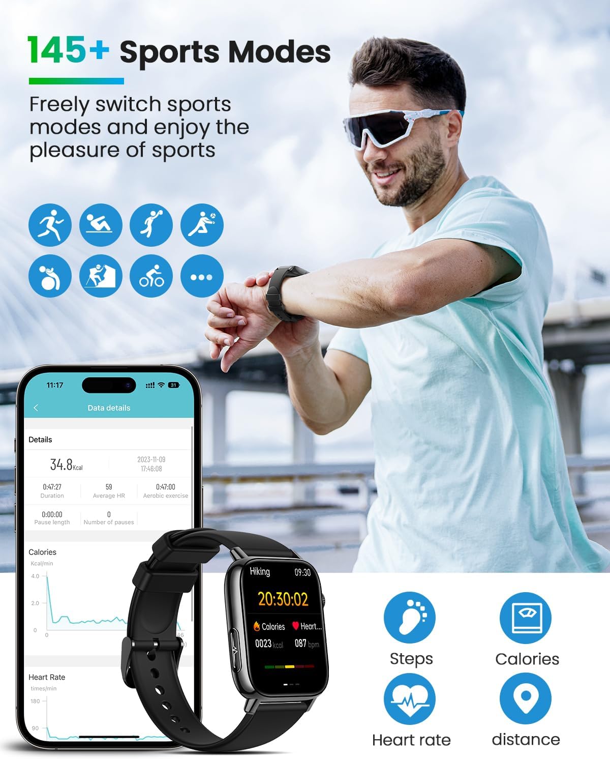 BANLVS Men's Women's Smartwatch with HRV/ECG, 1.83 Inches Smart Watch with Bluetooth Calls, 24H SpO2, Heart Rate Monitor Sleep 145+ Sport IP68 Notifications Messages Android iOS Black