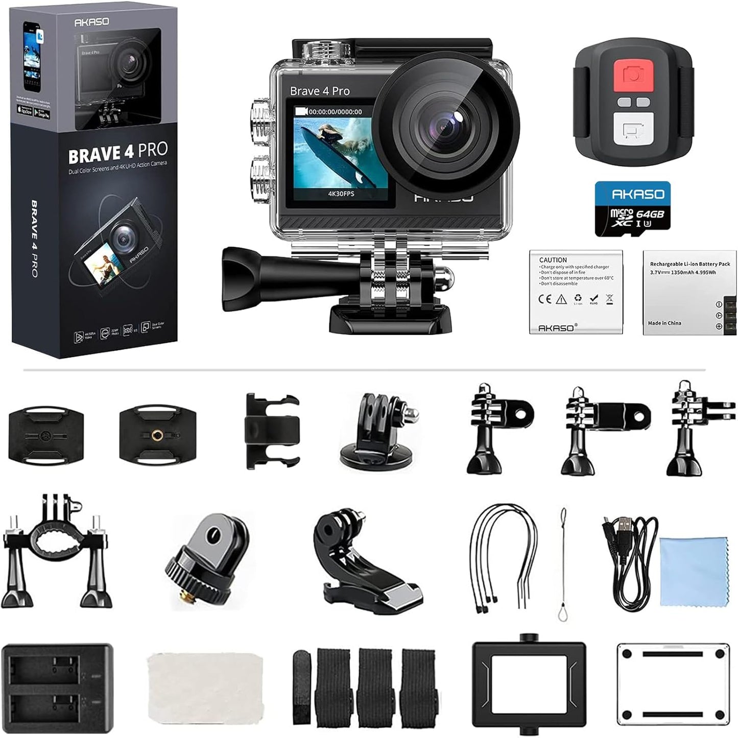AKASO Brave 4 Pro Action Cam 4K30FPS 20MP, 64GB U3 Memory Card with 40M Underwater Camera Ultra HD Touch Screen 170° Wide Angle, EIS Stabilization, 5X Zoom, 2.4G Remote Control and 2 1350mAh Batteries