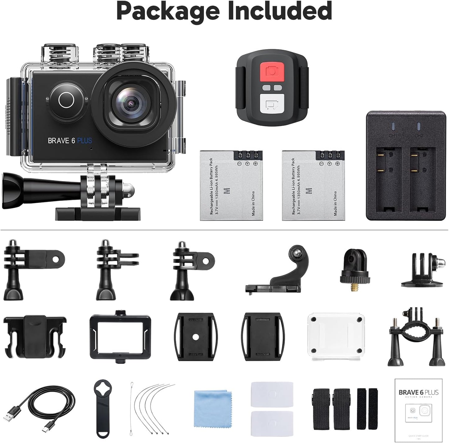 AKASO Brave 6 Plus Native 4K30FPS 20MP WiFi Action Camera with Touch Screen EIS 8X Zoom Voice Control Remote Control 131 Feet Underwater Camera with 2X 1350mAh Batteries and Helmet Accessories Kit