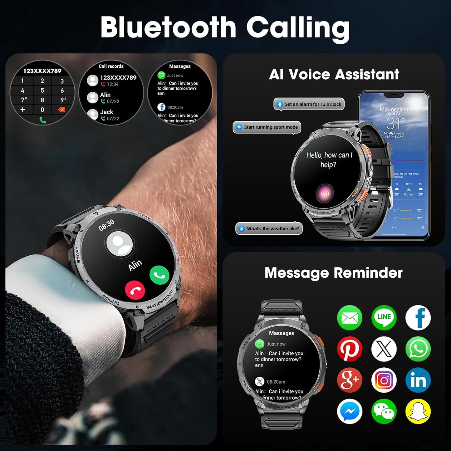 mingwear Military Smart Watch for Men 1.85" HD Touch Screen 730mAh Battery Smart Watches with LED Flashlight for Android iOS (Bluetooth Call Answer/Dial Calls) Fitness Tracker