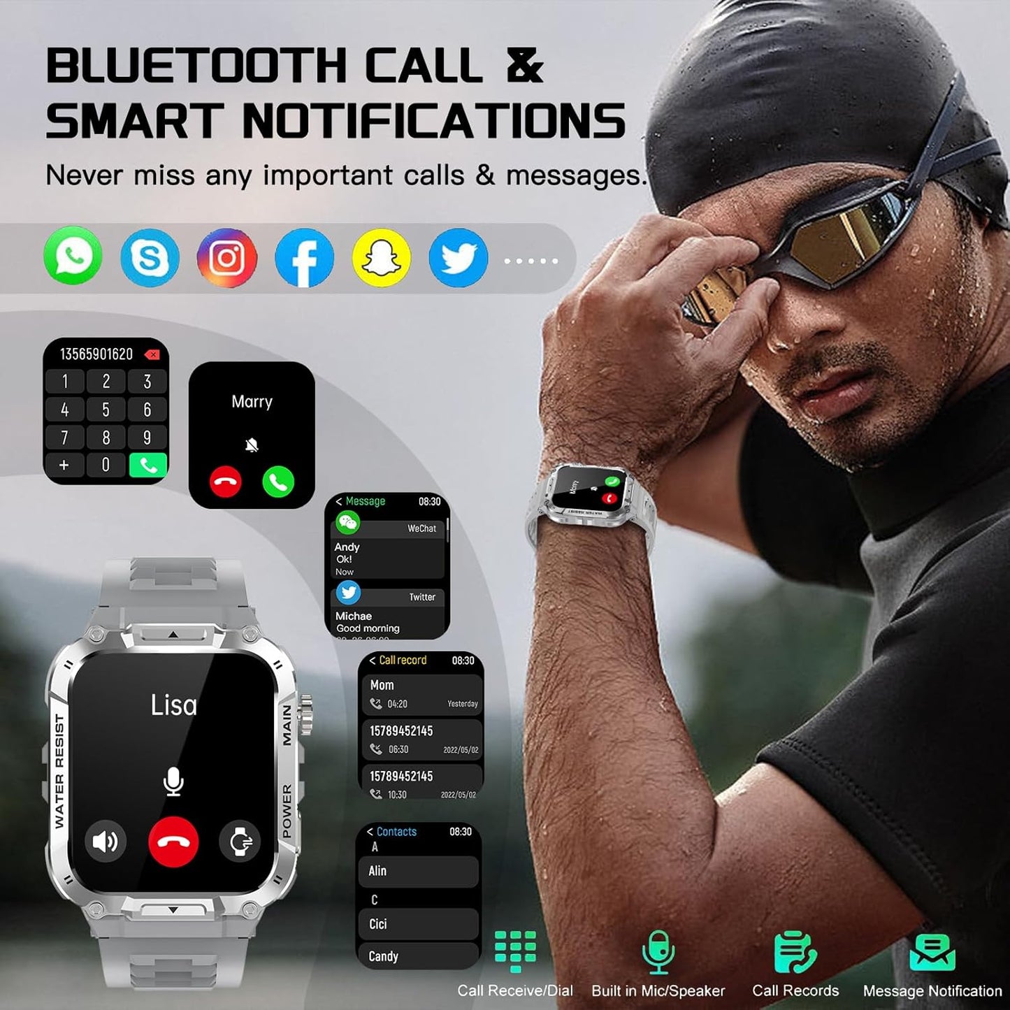 Military Smart Watch for Men with Call Function,Fitness Smart Watch for Android Phones and iPhone,Waterproof Fitness Tracker with Blood Oxygen/Heart Rate/Sleep/100+ Sport Modes, Watches for Men (Gray)