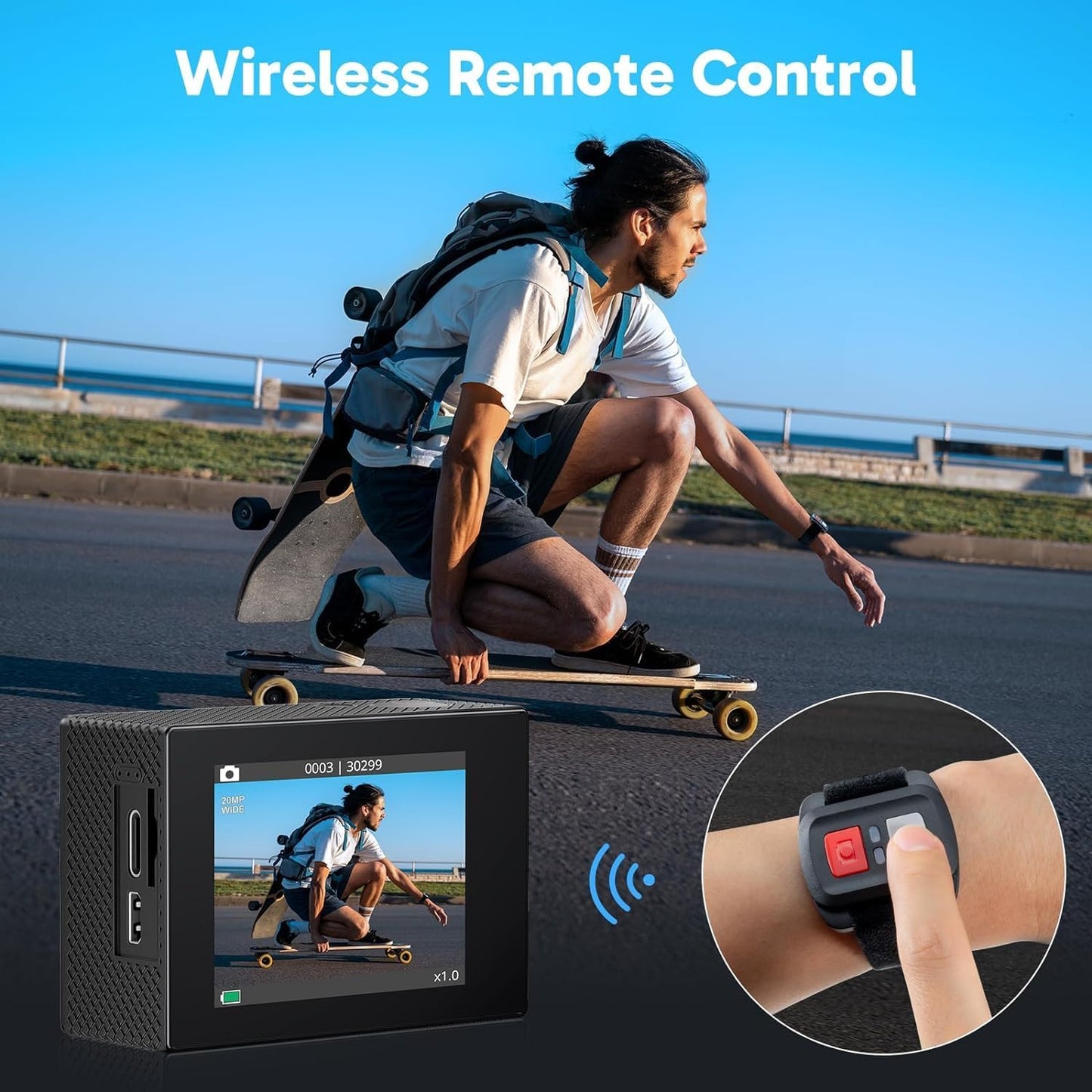 4K 30fps 20MP WiFi Sports Camera - 4k Camera Waterproof up to 30 m with Stabilization, 170° Wide Angle - 2.4G Remote Control - Ultra HD Image Quality for Adventure Enthusiasts