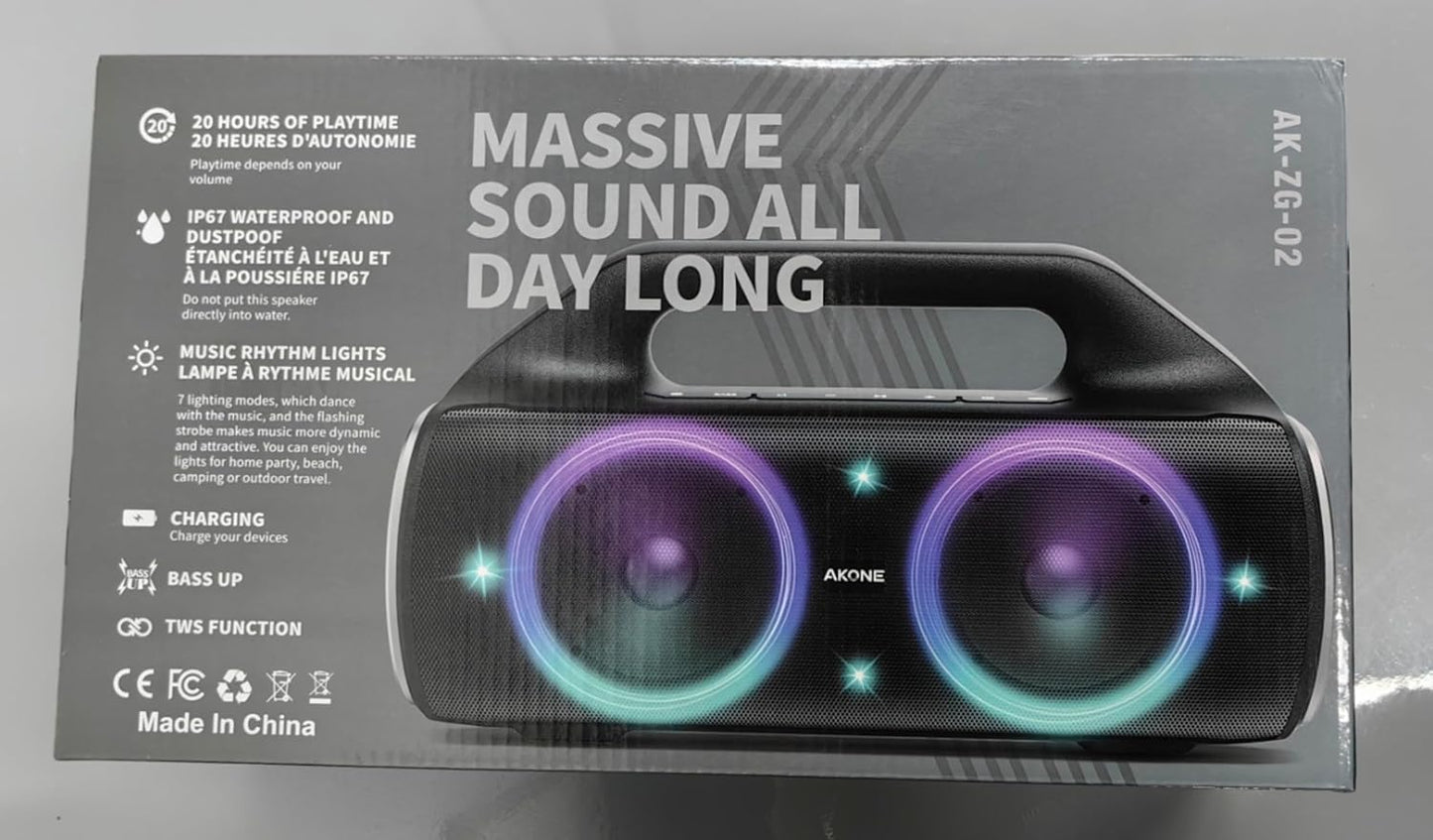 AKONE Portable Bluetooth Speaker, 80W Peak Wireless Outdoor Speaker with LED Light, Deep Bass, 20 Hour Playtime, IP67 Waterproof Bluetooth Speaker, Loud Party Speakers for Camping, Beach, Garage