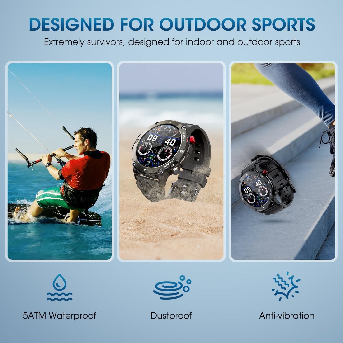DUREXO Smart Watch for Men Bluetooth Call (Answer/Make Call) Military IP68 Waterproof 1.32'' Tactical Tracker Fitness Watch for Android iOS Outdoor Sports Smartwatch(Black)