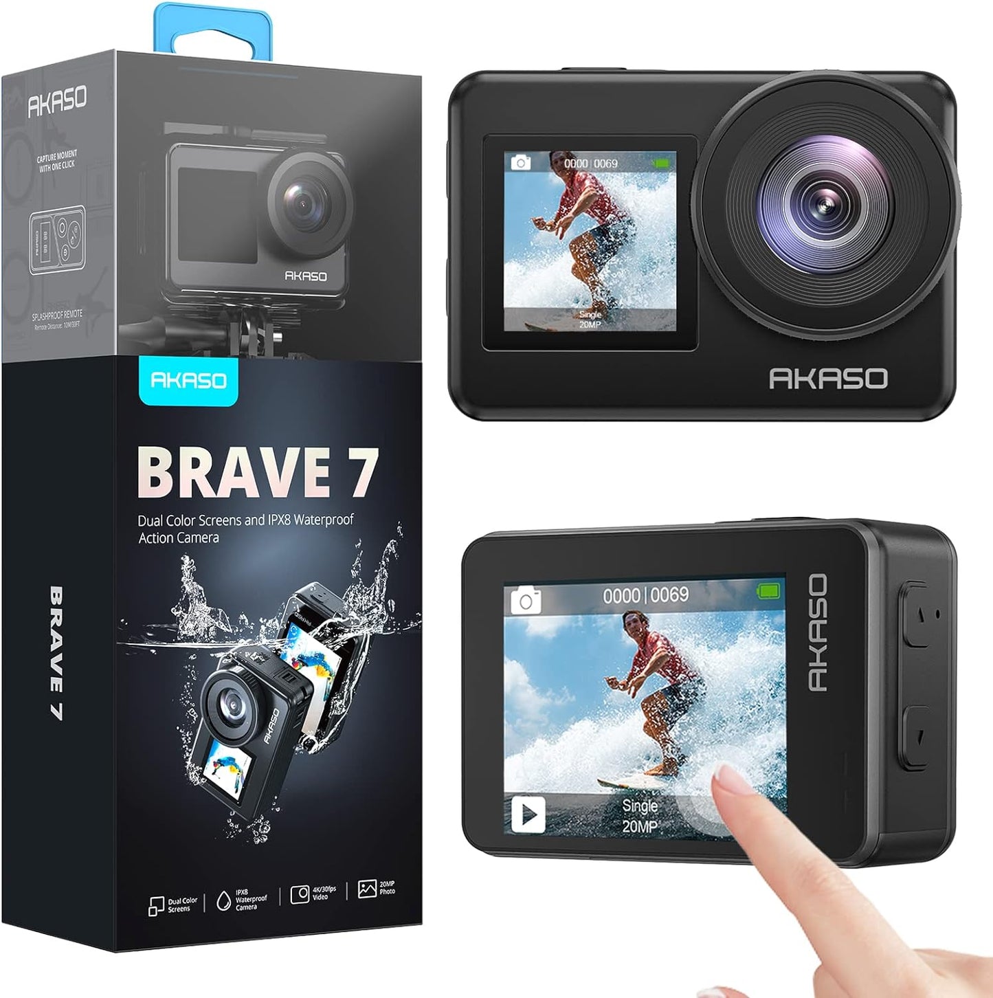 AKASO Brave 7 Action Camera, IPX8 Waterproof Built-in 4K 20MP WiFi Camera with Touch Screen EIS 2.0 Zoom Support External Microphone Voice Control Vlog Camera