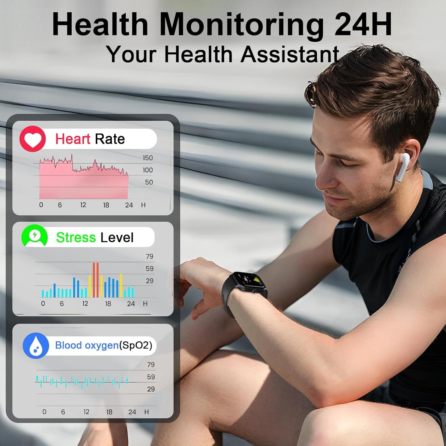 Garlo Smart Watch for Men Women, 1.85" Fitness Tracker, Heart Rate/Sleep Monitor/Pedometer, TFT HD Bluetooth, Multiple Sports Gym Modes, Waterproof Women Men Fitness Watch for Android iPhone (Black)