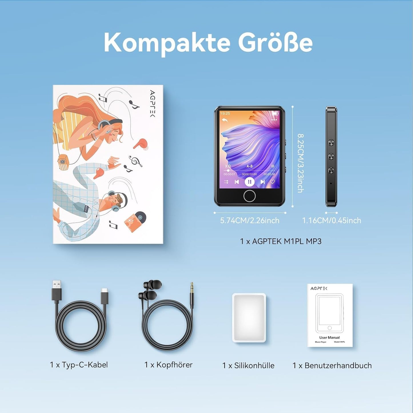 64GB MP3 Player with Bluetooth 5.3, AGPTEK 2.4" Full Touch Screen MP3 Music Player with Speaker, FM Radio, Voice Recorder, E-Book, Line-in Recording