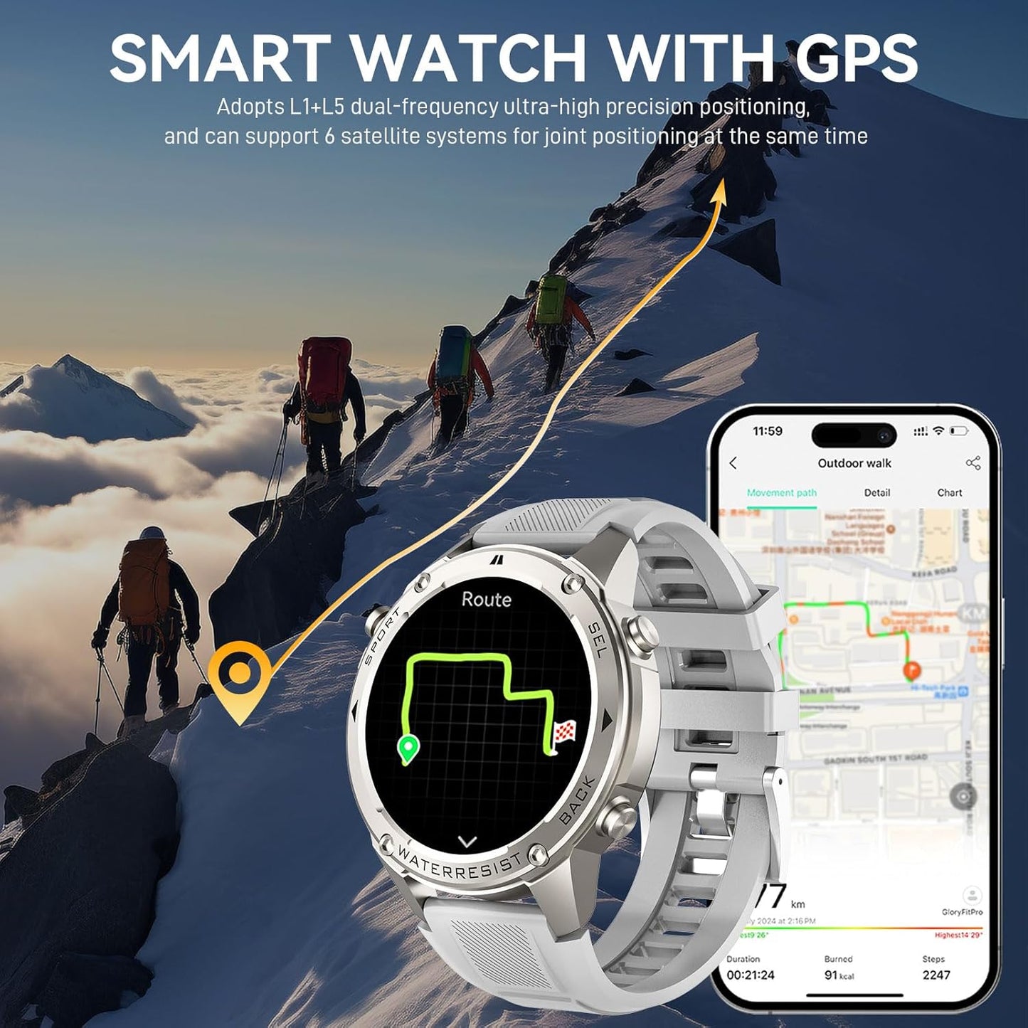 GPS Military Smart Watch for Men 5ATM Waterproof with 1.43'' Rugged Tactical Smartwatch with Call Compass Altitude Air Pressure AMOLED Always On Display Watch with HR SPO2 Monitor for iPhone Android