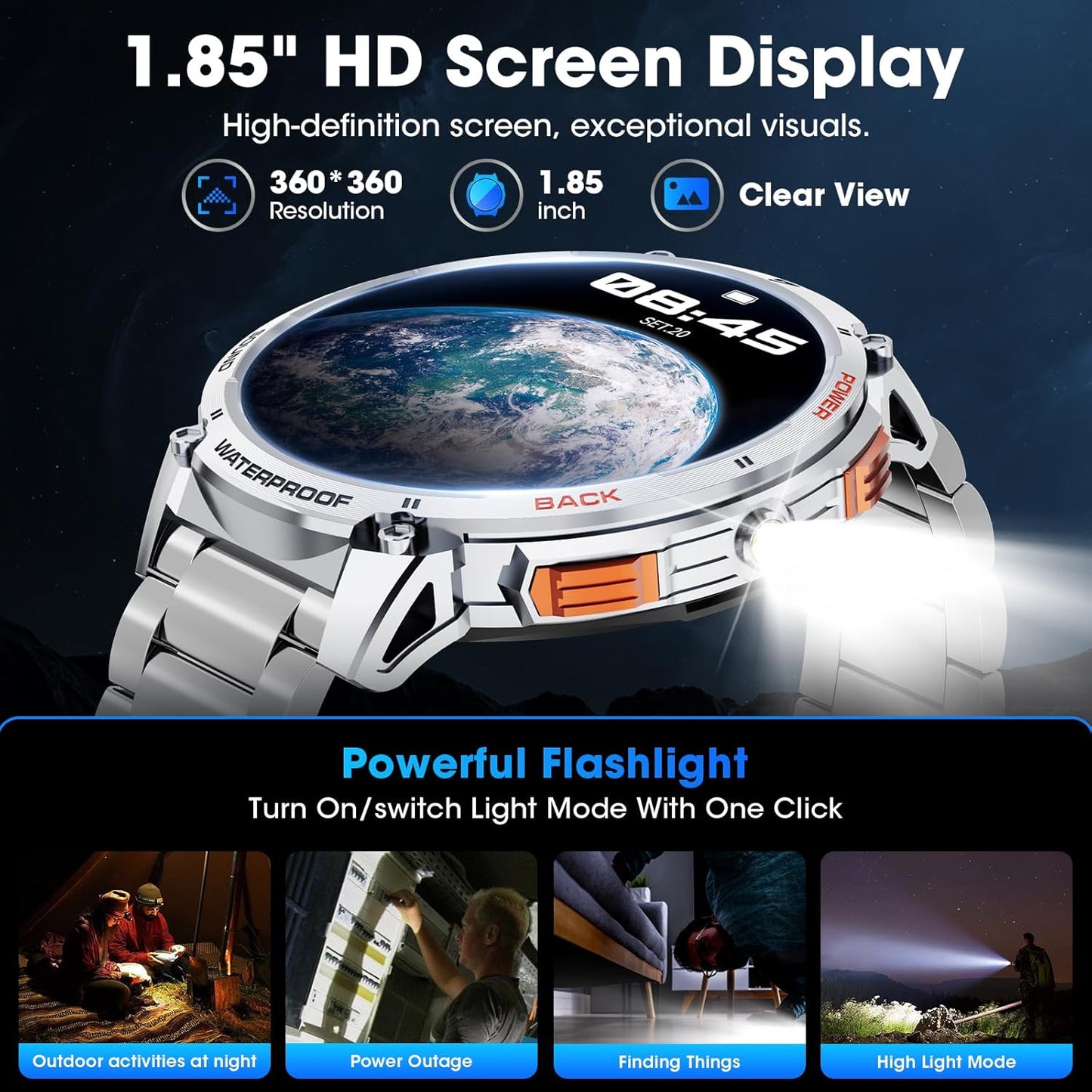 Military Smart Watch for Men 1.85" HD 730mAh Battery Smart Watches with LED Flashlight for Android iOS (Bluetooth Call Answer/Dial Calls) Fitness Tracker with Heart Rate Blood Silver Steel Strip