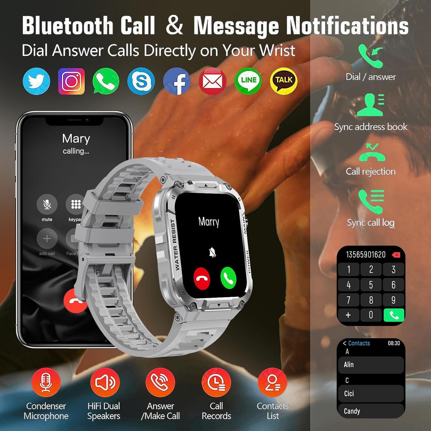 Hvlgmrc Military Smart Watch for Men 1.96 Inches Outdoor Sports Smartwatch with Answer/Make Call,Fitness Watch,Blood Oxygen,Heart Rate and Sleep Monitor Compatible with iPhone and Android Phones