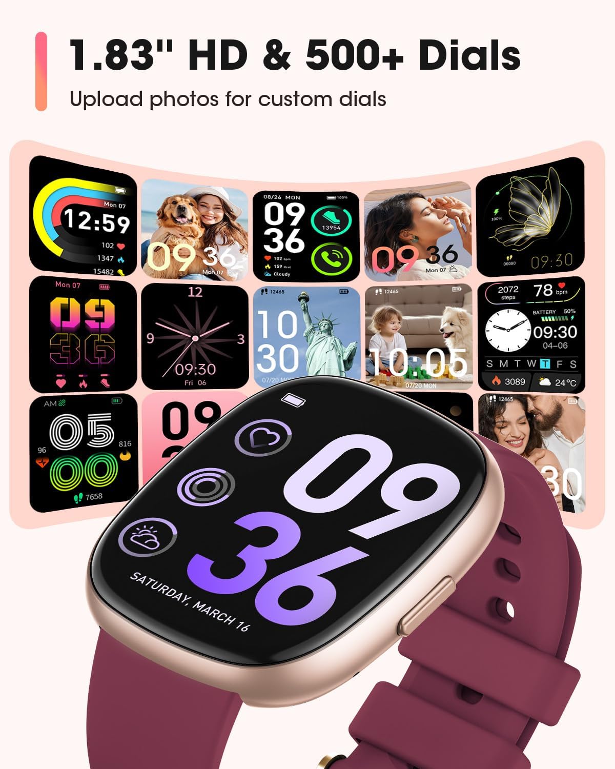 Smart Watches for Men Women Fitness: Fitness Tracker with Blutooth Call 24H Heart Rate SpO2 Sleep Monitor 5ATM Waterproof 120+ Sport Mode Smartwatch Compatible with iPhone Android Phones (Wine Red)