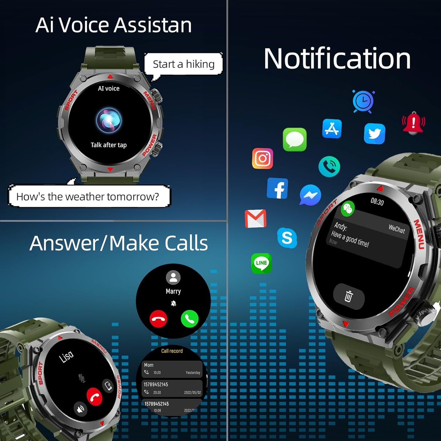 Military Smart Watch for Men (Answer/Make Call), 1.52" HD Smartwatch for Android Phones/iPhone, 100+ Sport Mode Fitness Tracker with Heart Rate, SpO2, Stress and Sleep Monitor, IP68 Waterproof