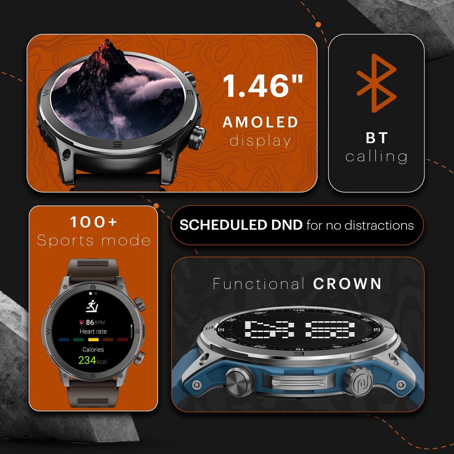 Noise Endeavour Rugged Design 1.46" AMOLED Display Smart Watch, BT Calling, SoS Feature, Rapid Health & 100+ Sports Modes- (Black)