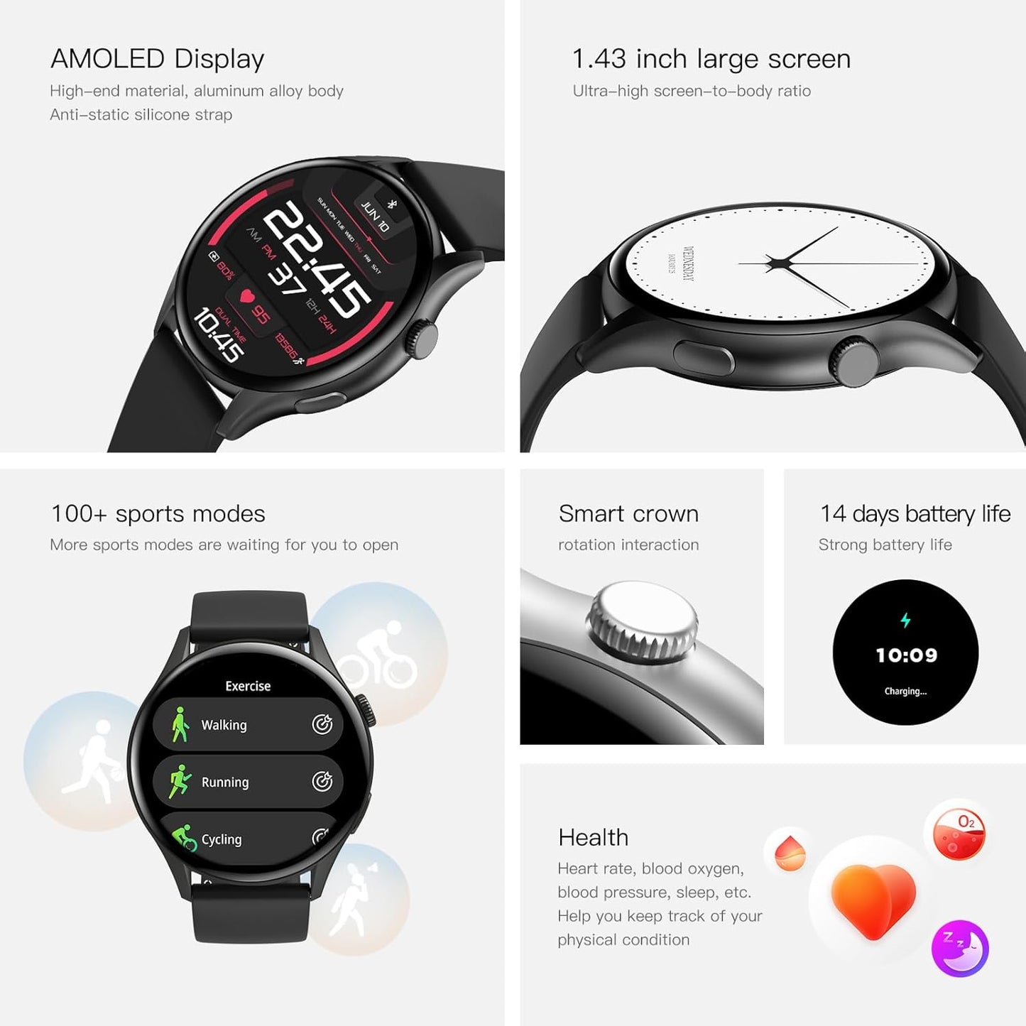 PEJE ZW10-AMD 1.43" Smartwatch -Smart Watches for Men, SpO2/HR/Sleep Monitor, Muslim Prayer Alerts,IP68 Waterproof, 120 Sports Modes, Bluetooth Calls Compatible Android iOS,Bring a spare strap (Pink)