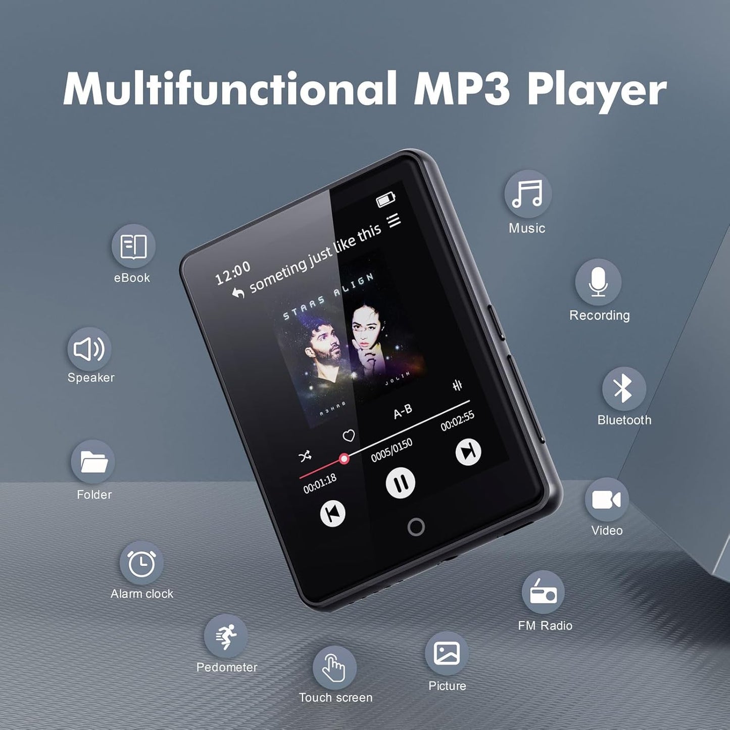 64GB Bluetooth 5.3 MP3 Player, Children's Portable Music Player 2.8 Inch Touch Screen with Voice Recorder, FM Radio, Pedometer, Folder, Random Play, Support 128GB Micro SD Card