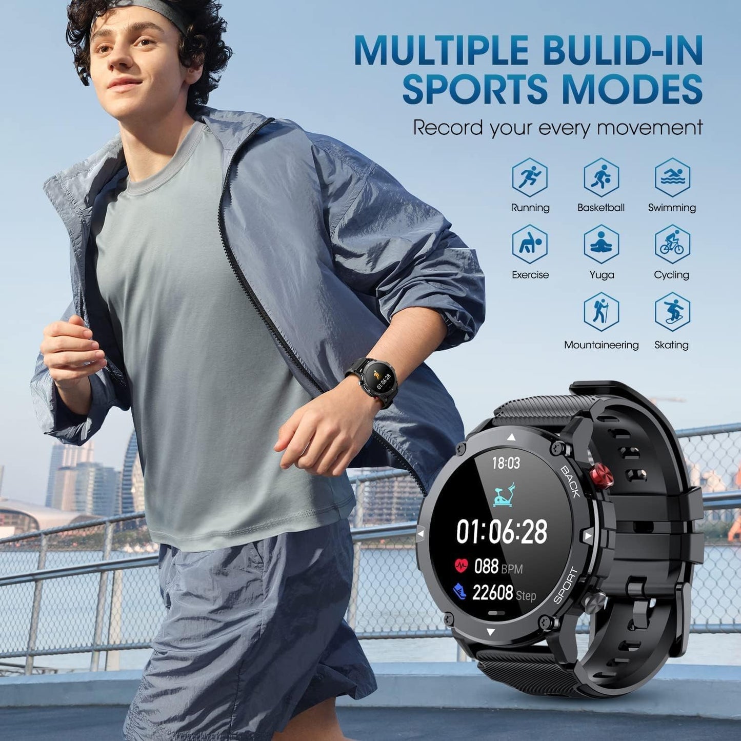 DUREXO Smart Watch for Men Bluetooth Call (Answer/Make Call) Military IP68 Waterproof 1.32'' Tactical Tracker Fitness Watch for Android iOS Outdoor Sports Smartwatch(Black)