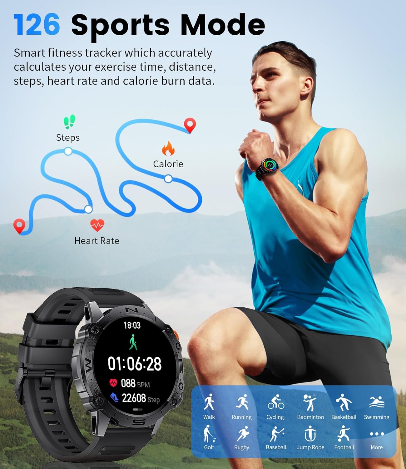 ESFOE Military Smart Watches for Men,1.43" AMOLED Always-on Display Fitness Watch 126+ Sports Modes/IP68/360mAh/Heart Rate/Blood Pressure,Tactical Rugged Smart Watch Text and Call for Android iOS