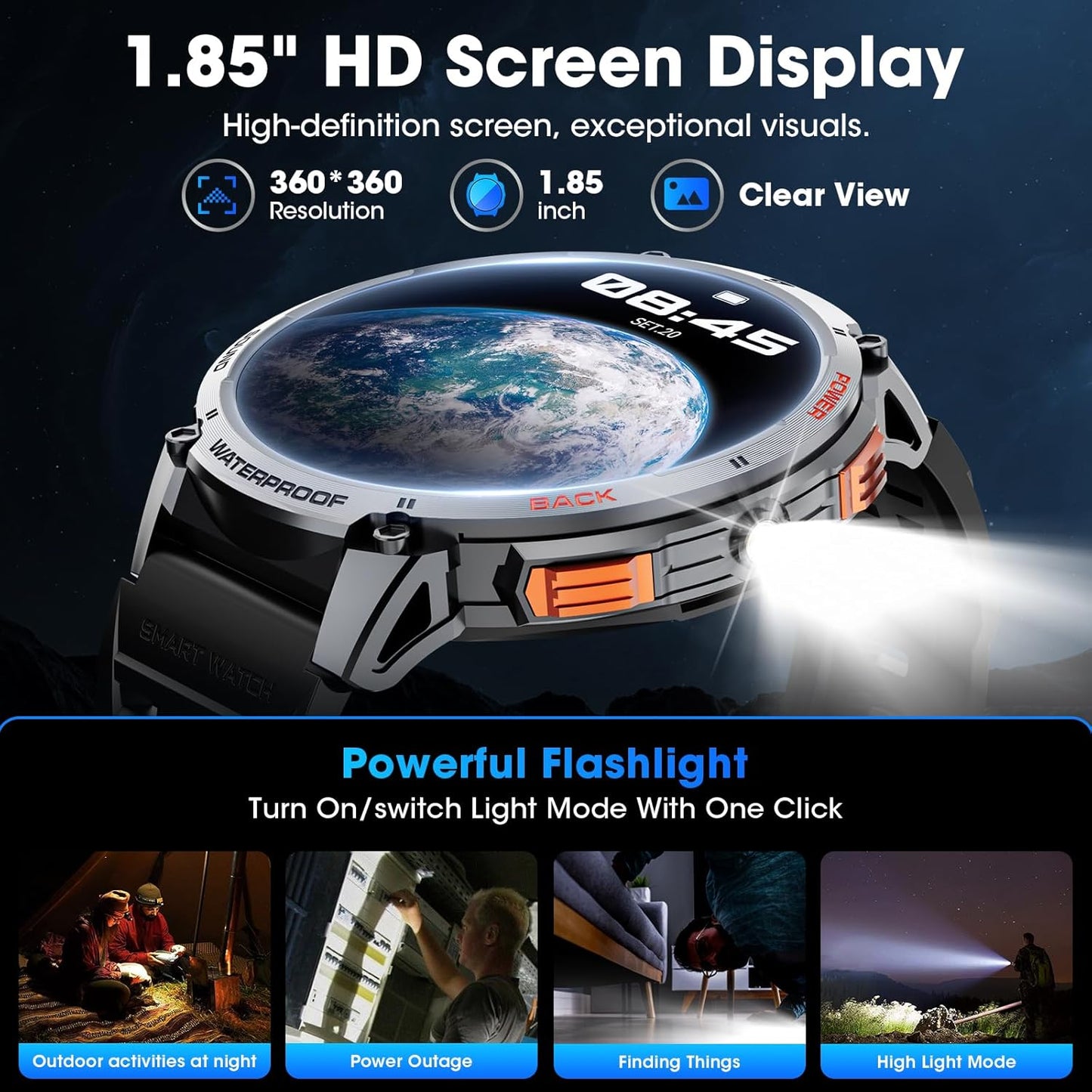 mingwear Military Smart Watch for Men 1.85" HD Touch Screen 730mAh Battery Smart Watches with LED Flashlight for Android iOS (Bluetooth Call Answer/Dial Calls) Fitness Tracker