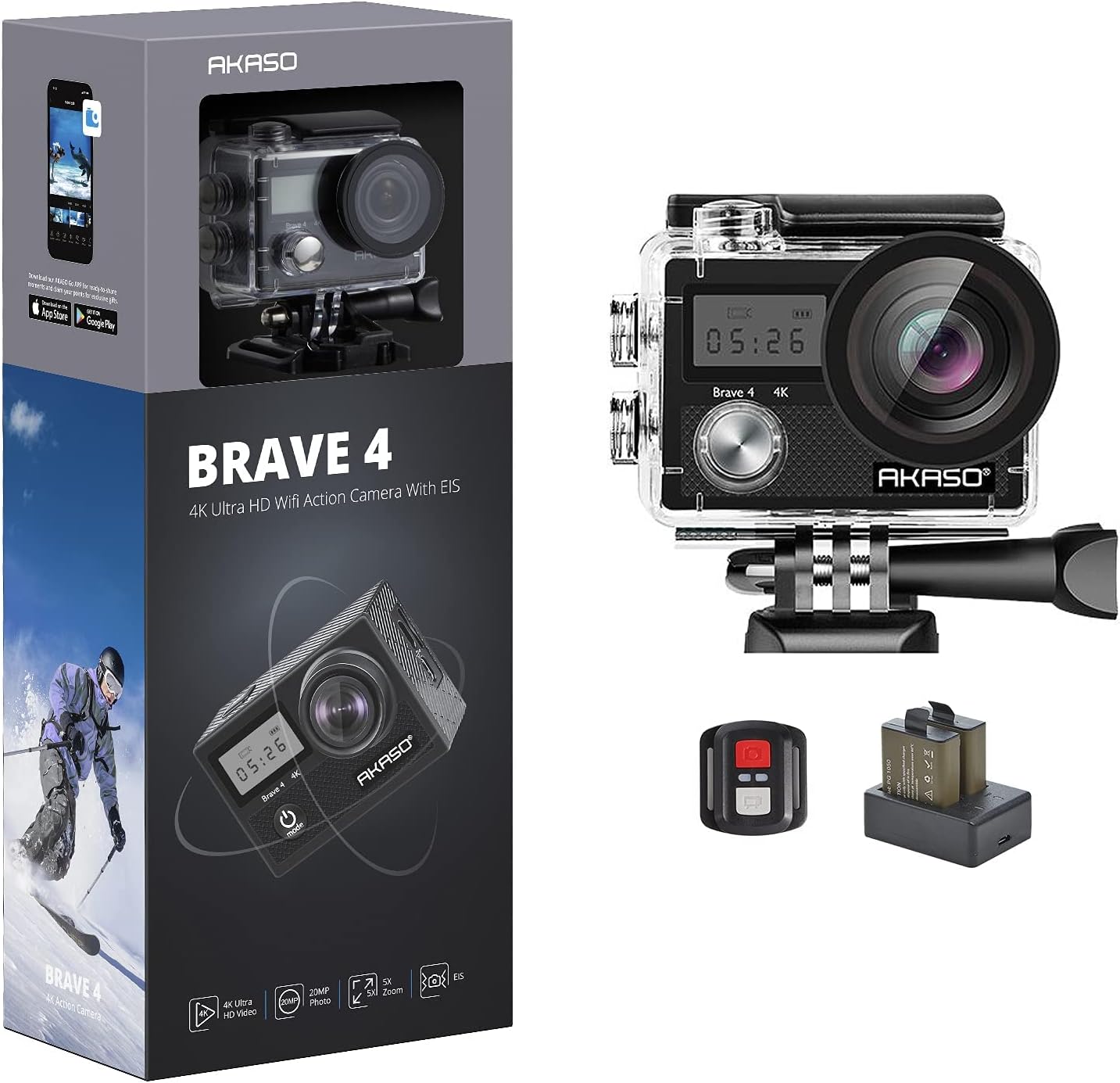 AKASO Brave 4 Action Camera, Ultra HD with EIS 30m Underwater Camcorder 4K 20MP WiFi Waterproof Camera with Remote Control, 2 Rechargeable Batteries and Mounting Accessories Kit