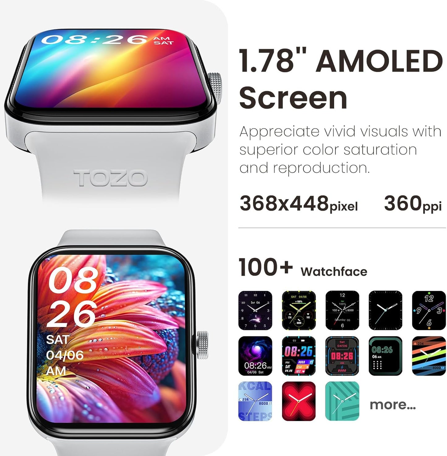 TOZO S4 Smartwatch Women Men Bluetooth Call Fitness Watch with 1.78 Inch Touch Screen, Sports Watch with 100 Sports Modes, Heart Rate Sleep Monitor Pedometer, IP68 Waterproof for Android iOS - Silver